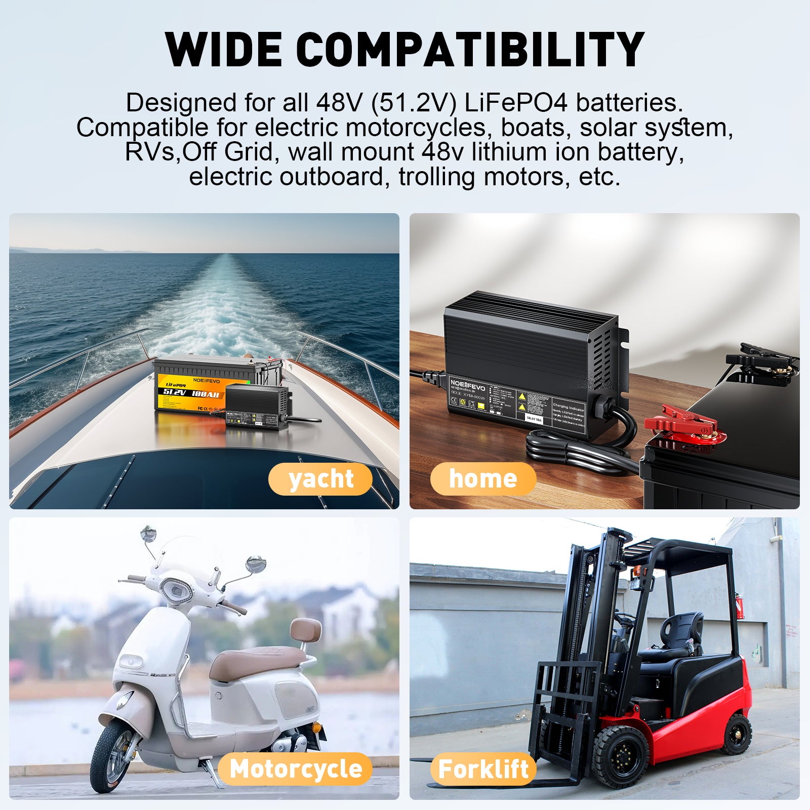 NOEIFEVO 58.4V 10A LiFePO4 batterioplader til 51.2V(48V) 16S lithiumbatteri til golfvogne, autocampere og elektriske fiskemotorer