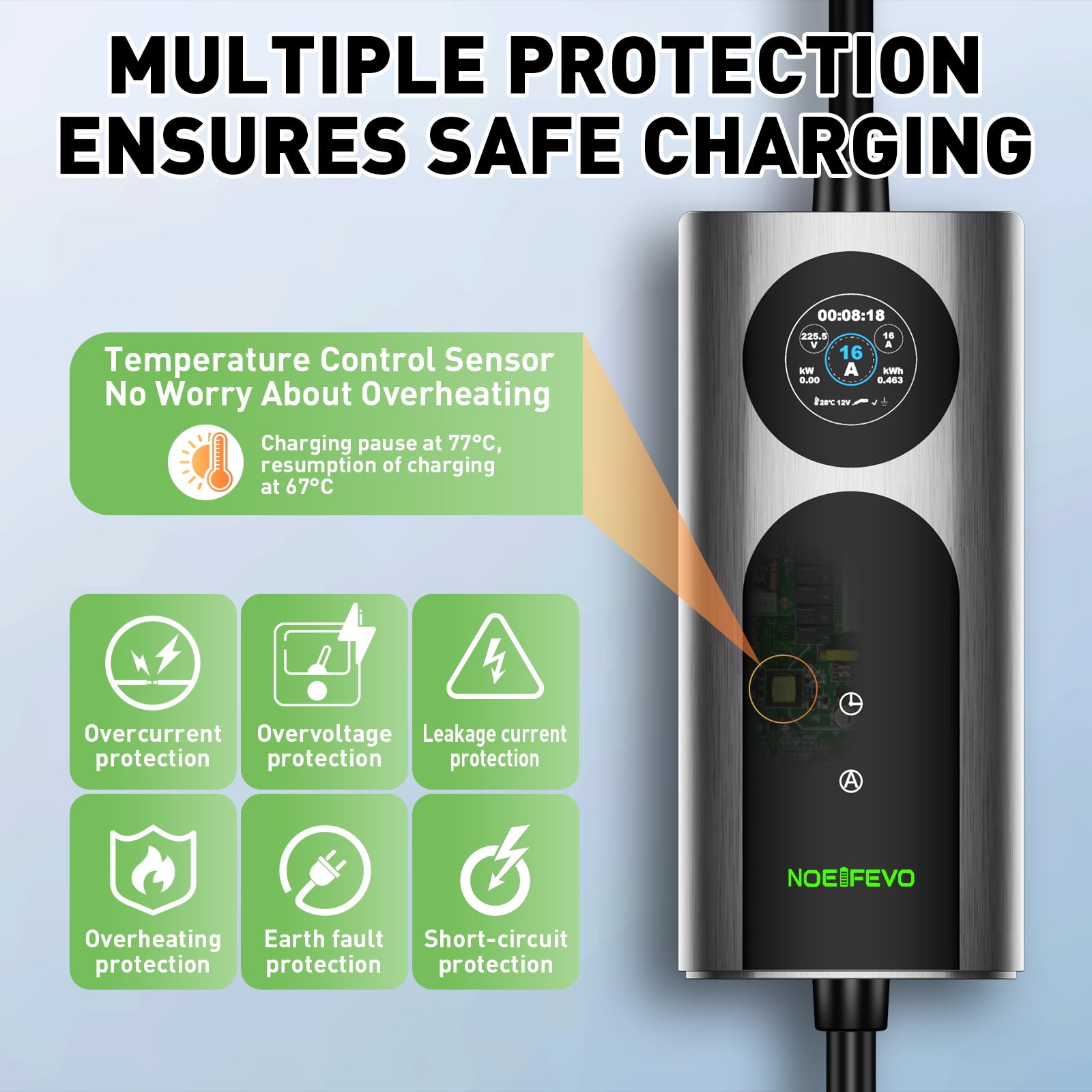 NOEIFEVO CY01 Typ 2 latauskaapeli Schuko 220V, 3,7kW mobiili seinälatauslaite sovelluksella, 6–16A 1-vaiheinen latauskaapeli sähköautoille (IEC 62196-2) & PHEV:ille