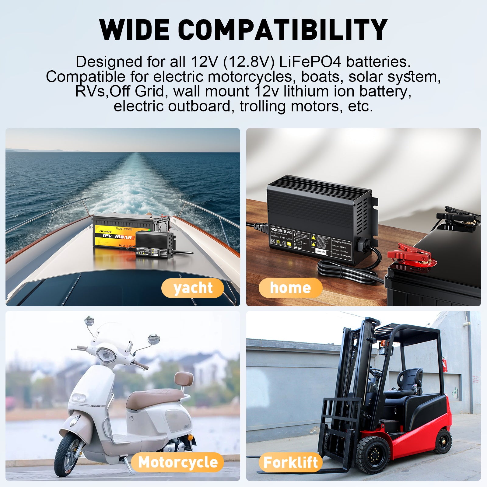 Noeifevo 12V 12,8V 30A nabíječka lithiových LiFePO4 baterií, nabíjecí napětí 14,6V, 0V aktivace BMS, automatické vypnutí, hliníkový kryt
