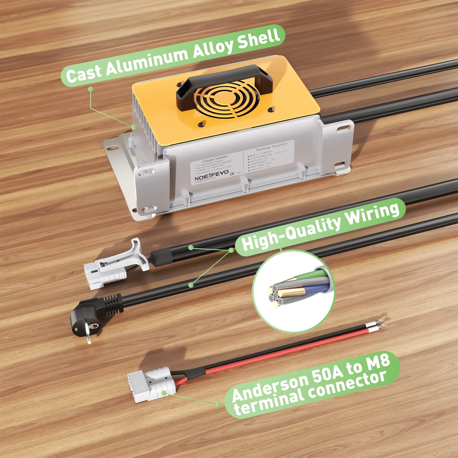 NOEIFEVO 58.4V 30A LiFePO4 batterioplader til 51.2V(48V) 16S LiFePO4 batteri, vandtæt, 0V BMS aktiveret