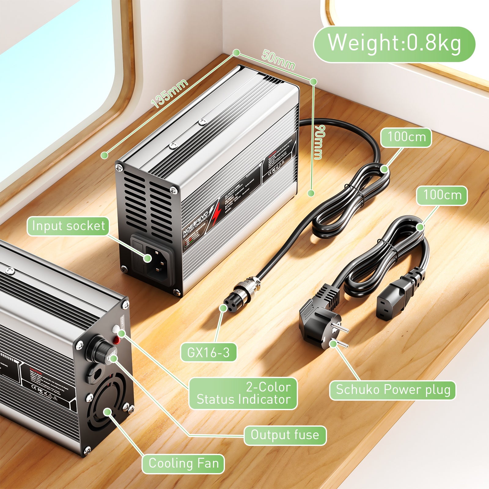 NOEIFEVO 54.6V 2A 2.5A 3A Lithium-Ladegerät für 13S 48.1V Li-Ion Lipo-Batterien, Kühlventilator, automatischer Abschaltung