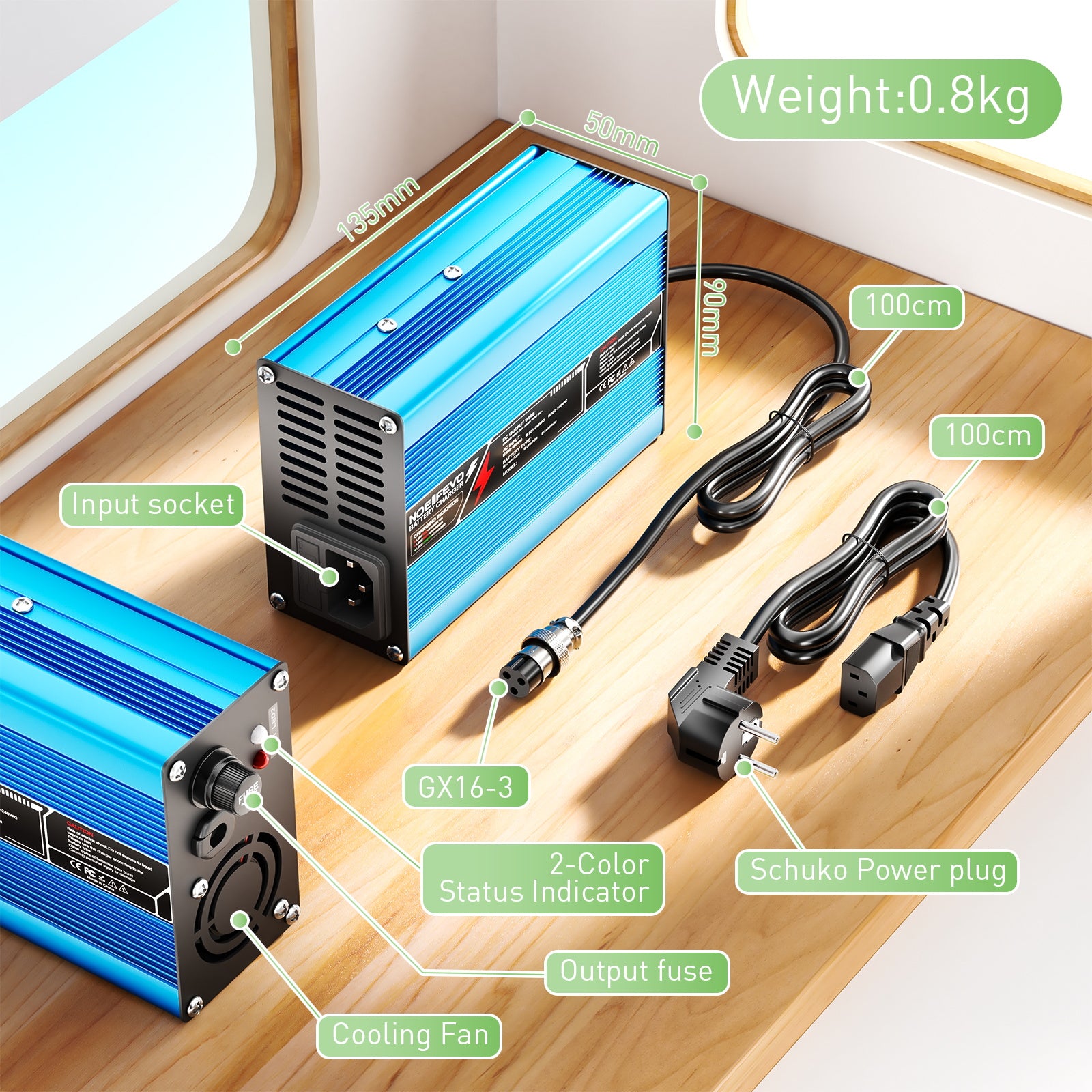 NOEIFEVO 46.2V 4A lithiumová nabíječka pro 11S 40.7V Li-Ion Lipo baterie, chladicí ventilátor, automatické vypnutí（MODRÁ）