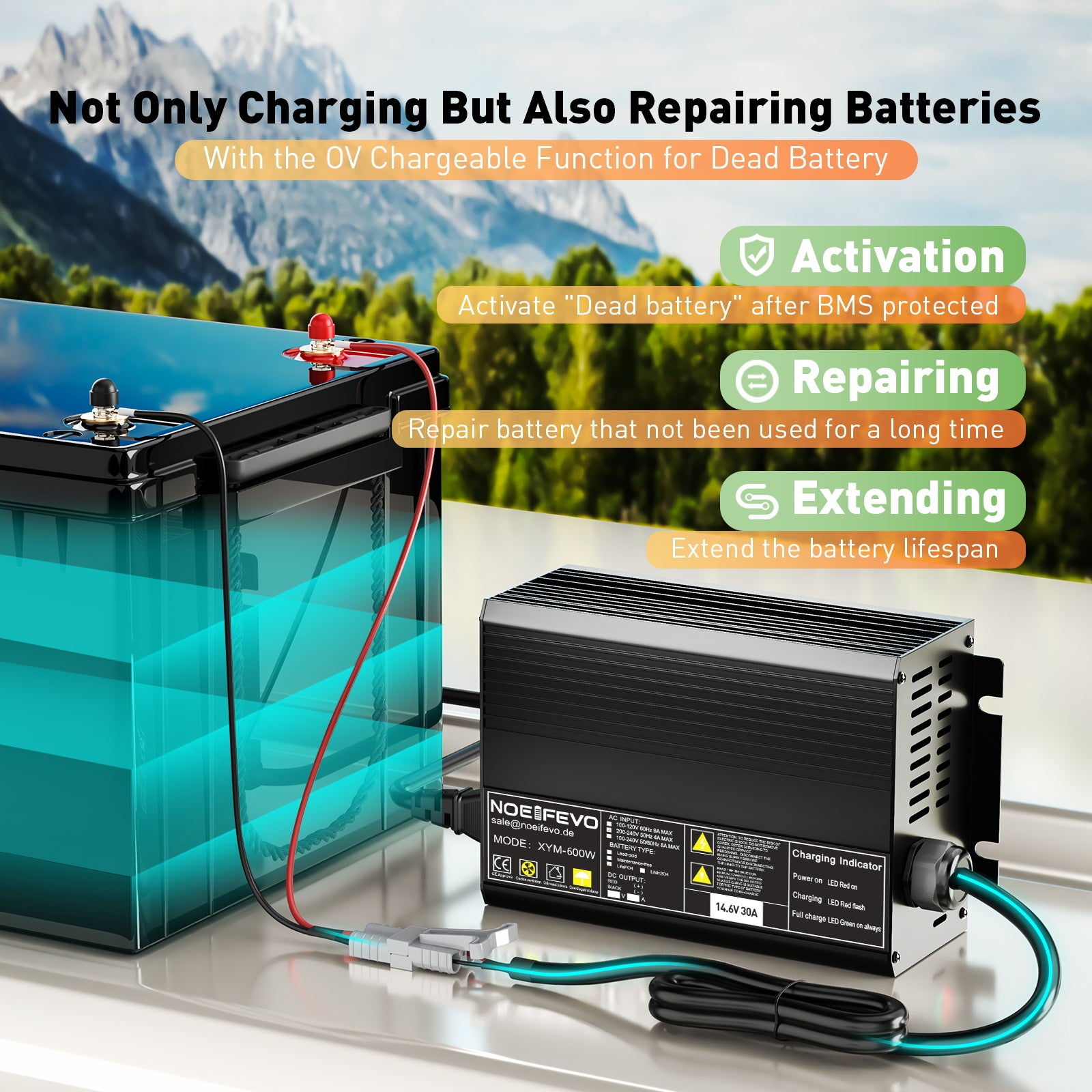 Noeifevo 12V 12,8V 30A nabíječka lithiových LiFePO4 baterií, nabíjecí napětí 14,6V, 0V aktivace BMS, automatické vypnutí, hliníkový kryt