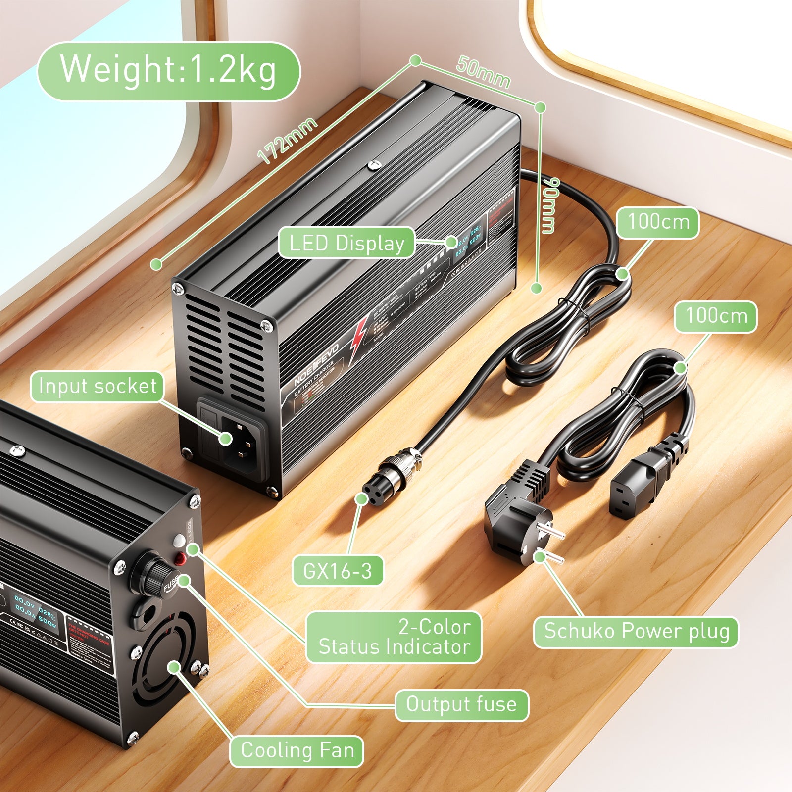 NOEIFEVO 71.4V 6A Caricabatterie al Litio per Batteria 17S 62.9V, Display LED, Involucro in Alluminio, Ventola