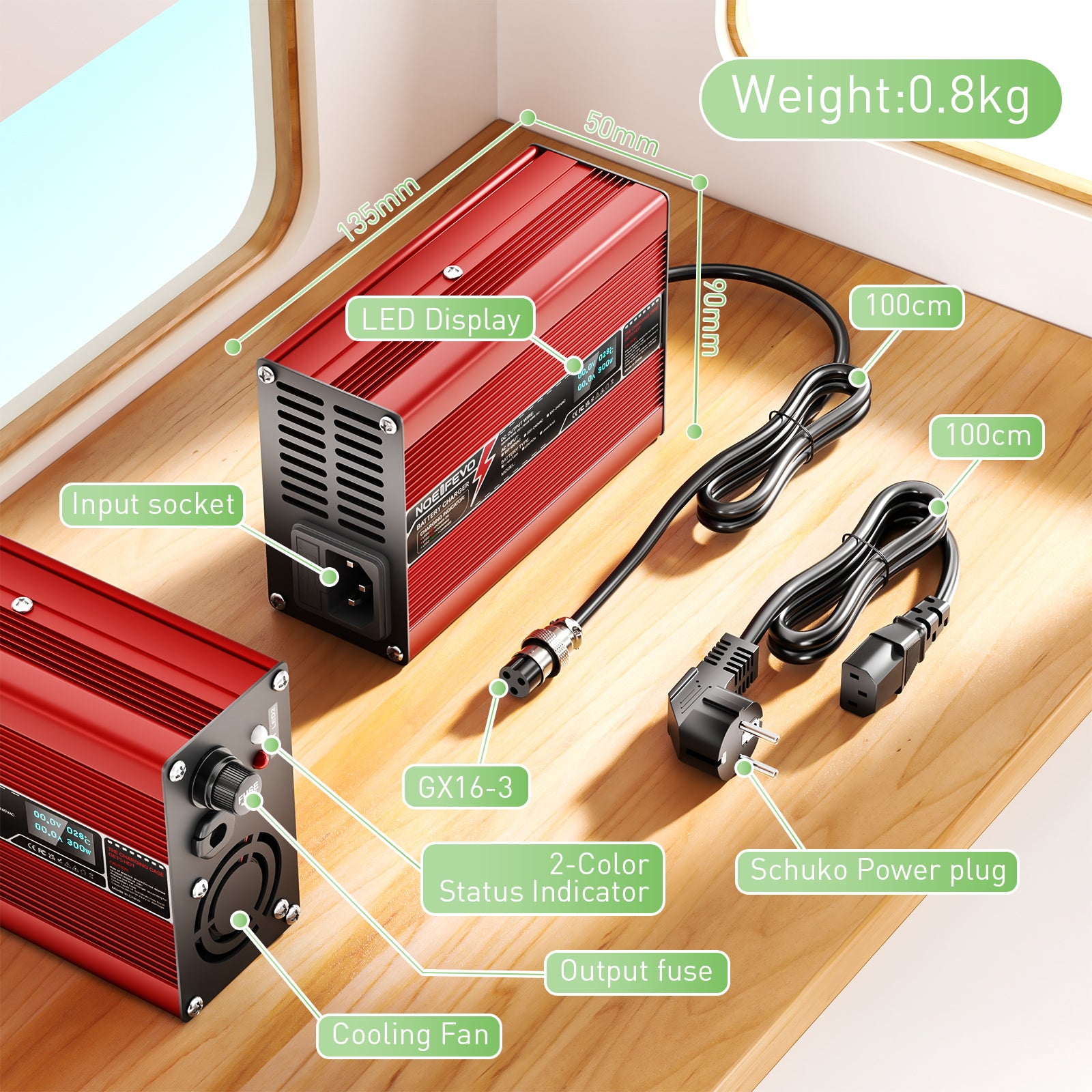 NOEIFEVO 54.6V 2A 2.5A 3A Carregador de Bateria de Lítio para Baterias 13S 48.1V Li-Ion Lipo, Ventilador de Resfriamento, Desligamento Automático (Vermelho)