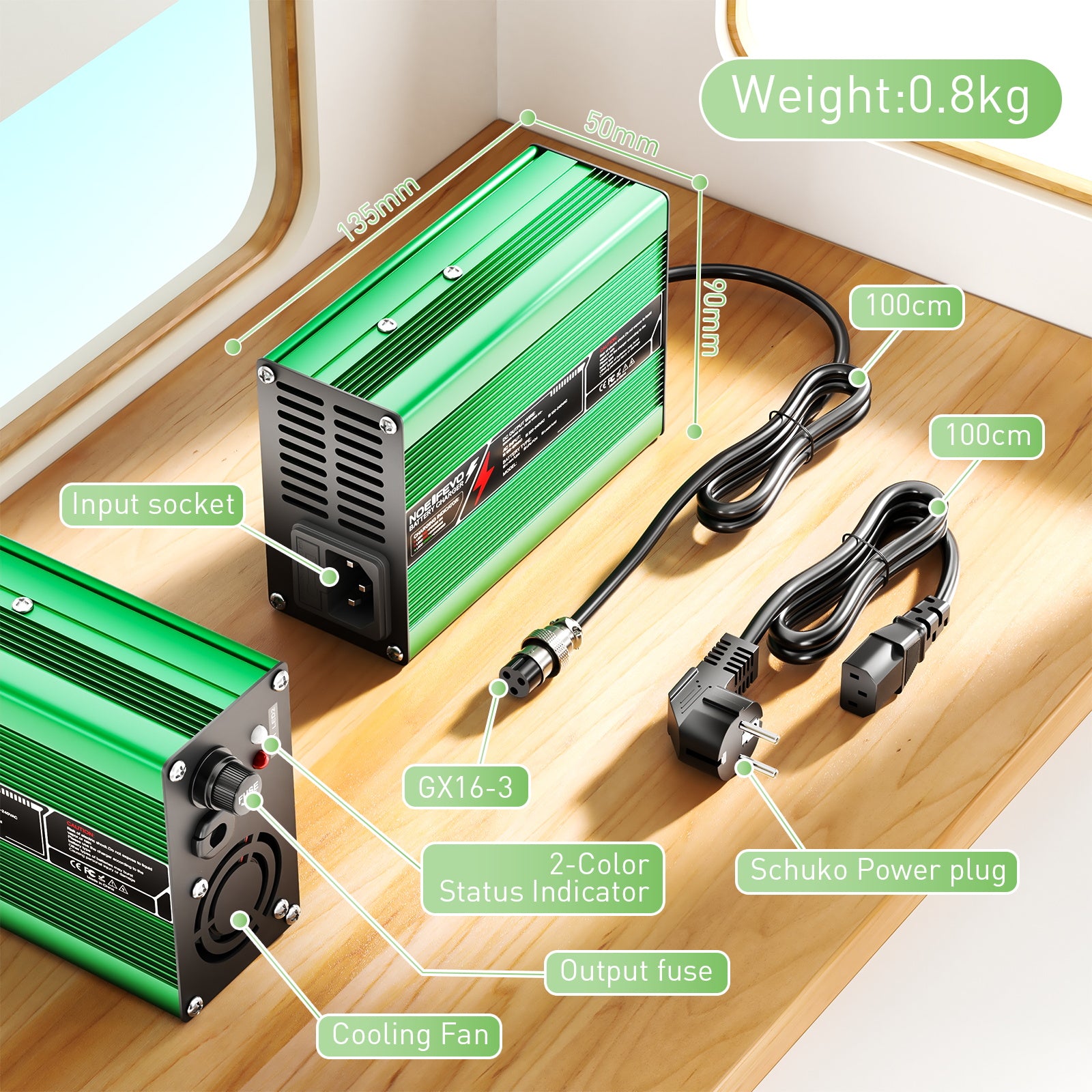 NOEIFEVO 58.8V 3A Carregador de Bateria de Lítio para Baterias Li-Ion Lipo 14S 51.8V, Ventilador de Refrigeração, Desligamento Automático (VERDE)