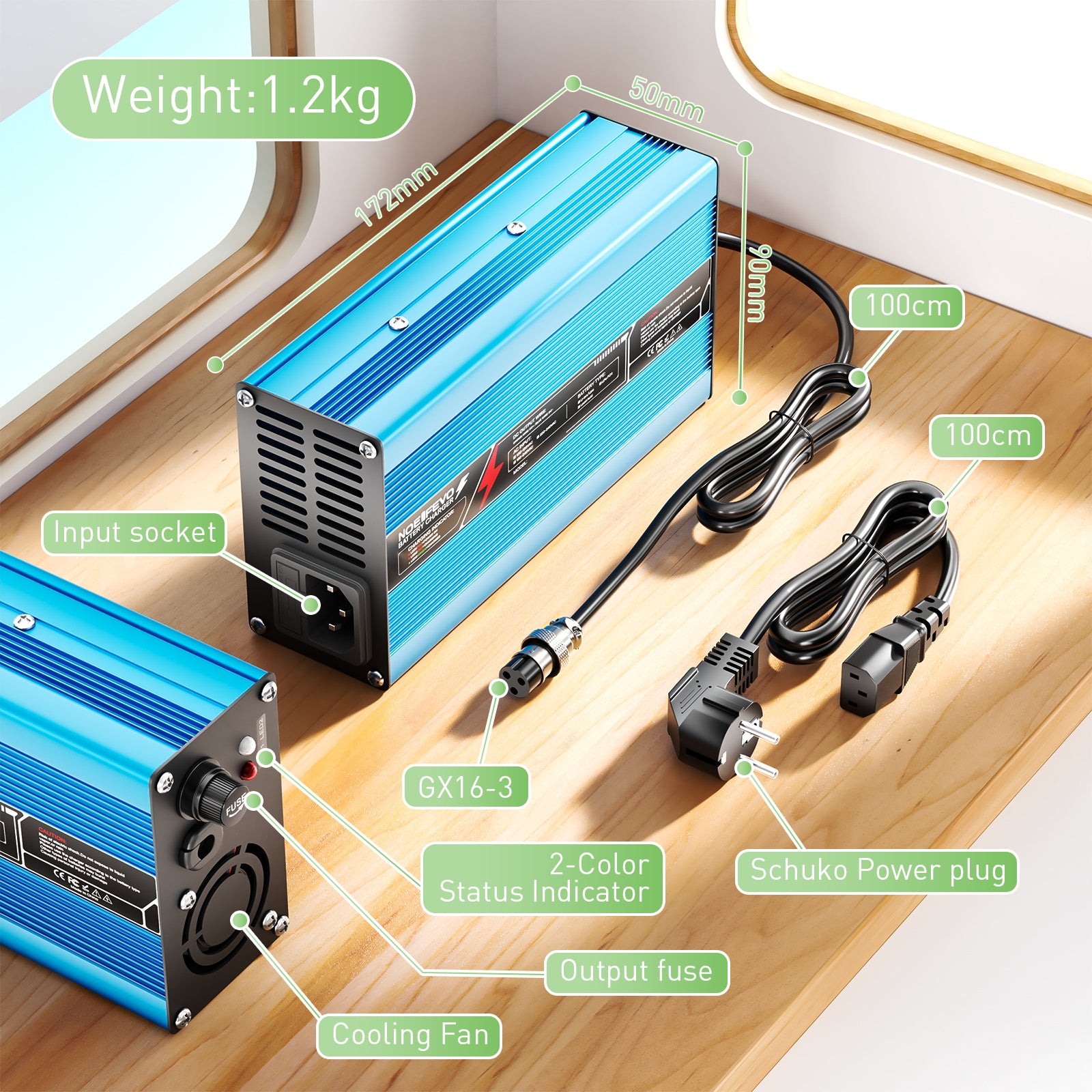 NOEIFEVO 42V 10A 10S Lithium-batterijlader, voor 10S 37V Li-Ion batterij, automatische uitschakeling, aluminium behuizing, met ventilator (blauw)