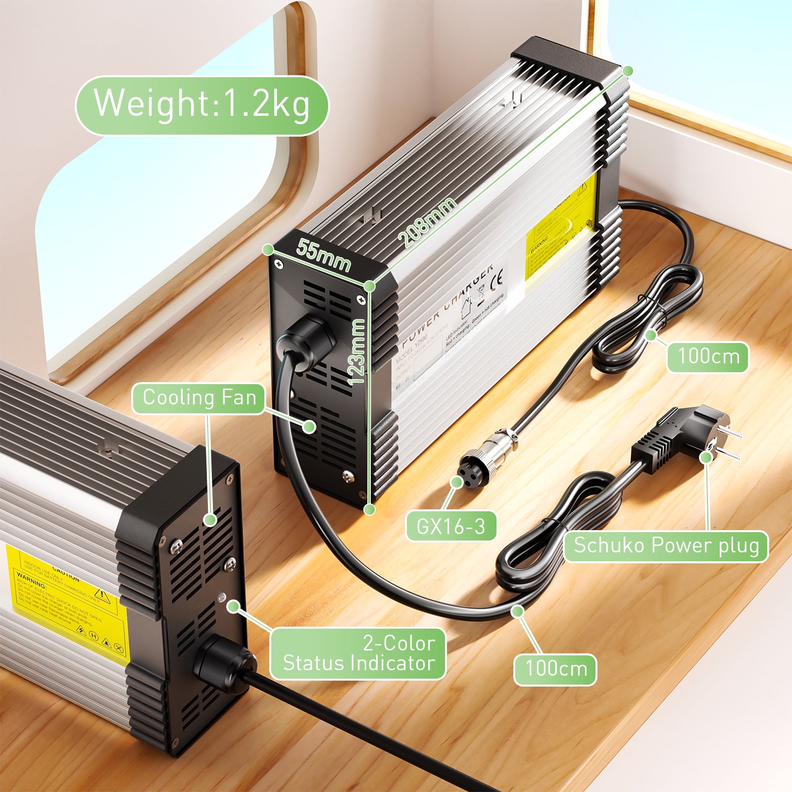 Carregador de bateria de lítio NOEIFEVO 12.6V 20A para 3S 11.1V 12V, com ventilador de refrigeração e desligamento automático.