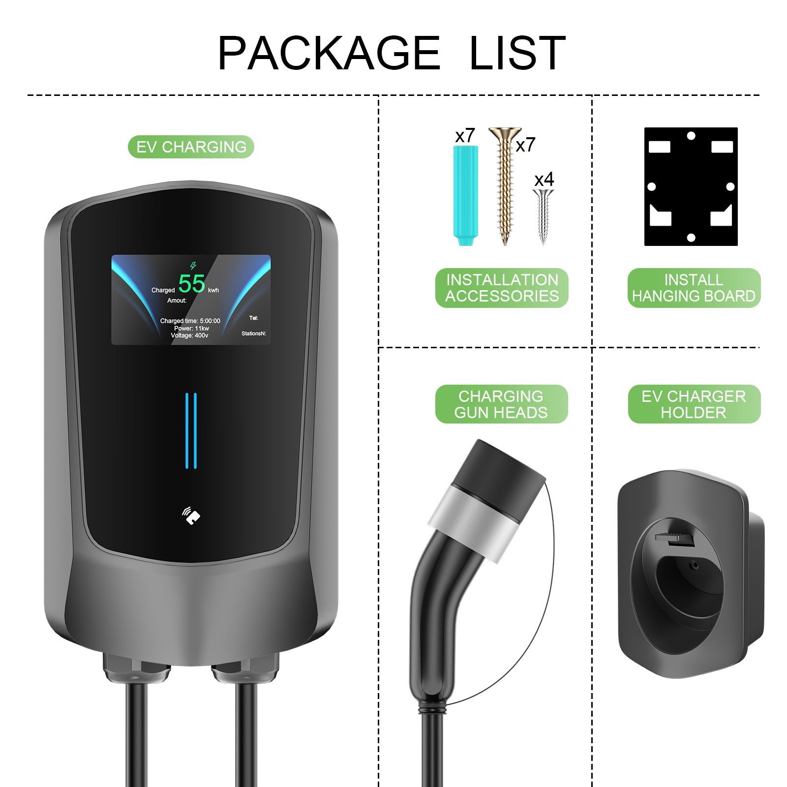 Noeifevo Q6 7KW 11KW 22KW EV wallbox ladestation, 5M hurtigopladningskabel vandtæt, WiFi valgfri