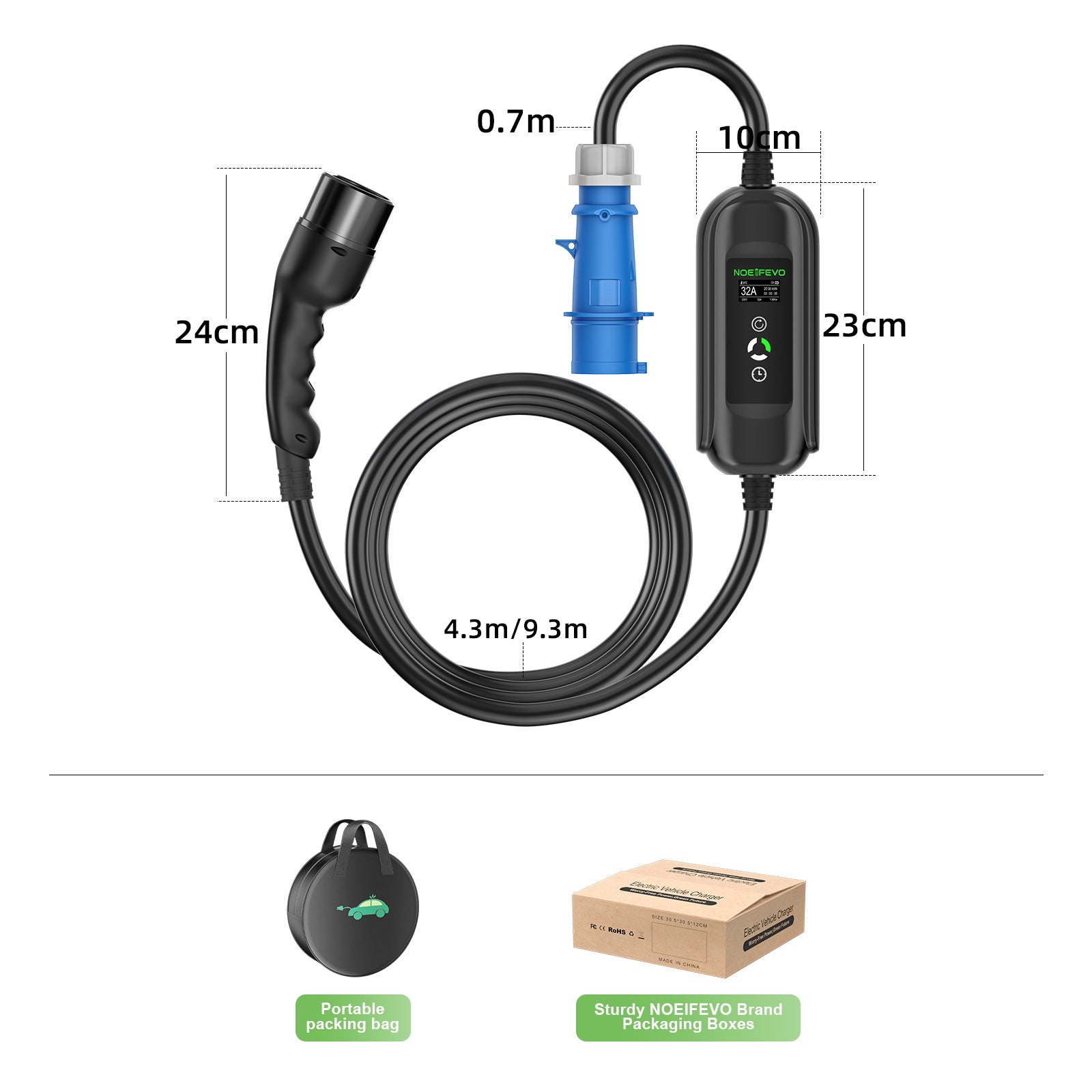 Cabo de carregamento de veículos eléctricos NOEIFEVO 7.2KW, carregador de veículos eléctricos tipo 2 32A 1 fase, estação de carregamento de EVSE móvel com ficha azul CEE