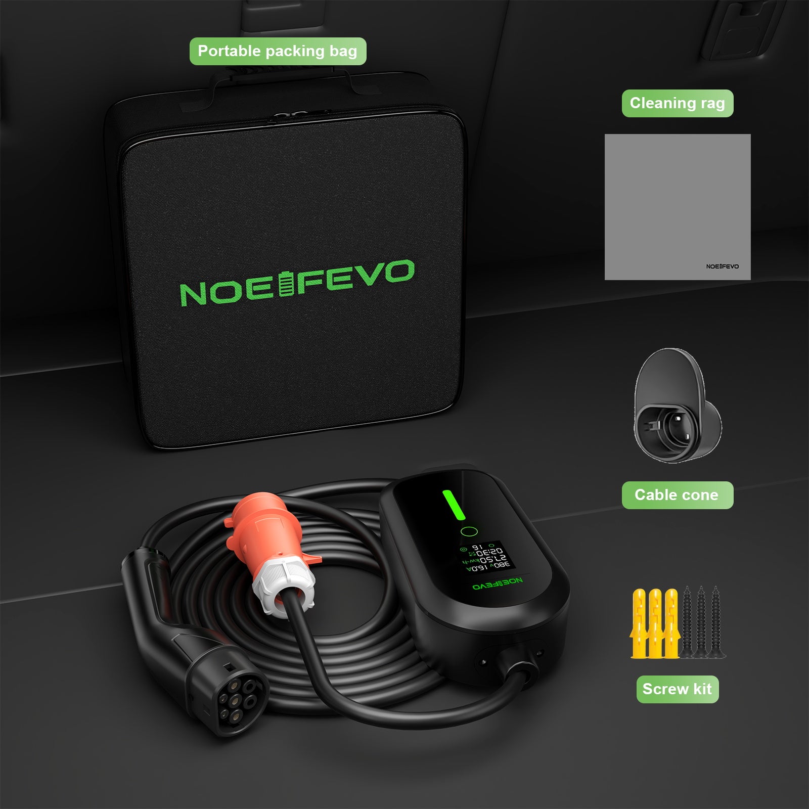 NOEIFEVO F097 11KW EV Mobile Wallbox med app, 3-faset 6-16A med justerbar opladningskraft, Wi-Fi fjernbetjening, CEE 16A til Type 2 EV opladningskabel