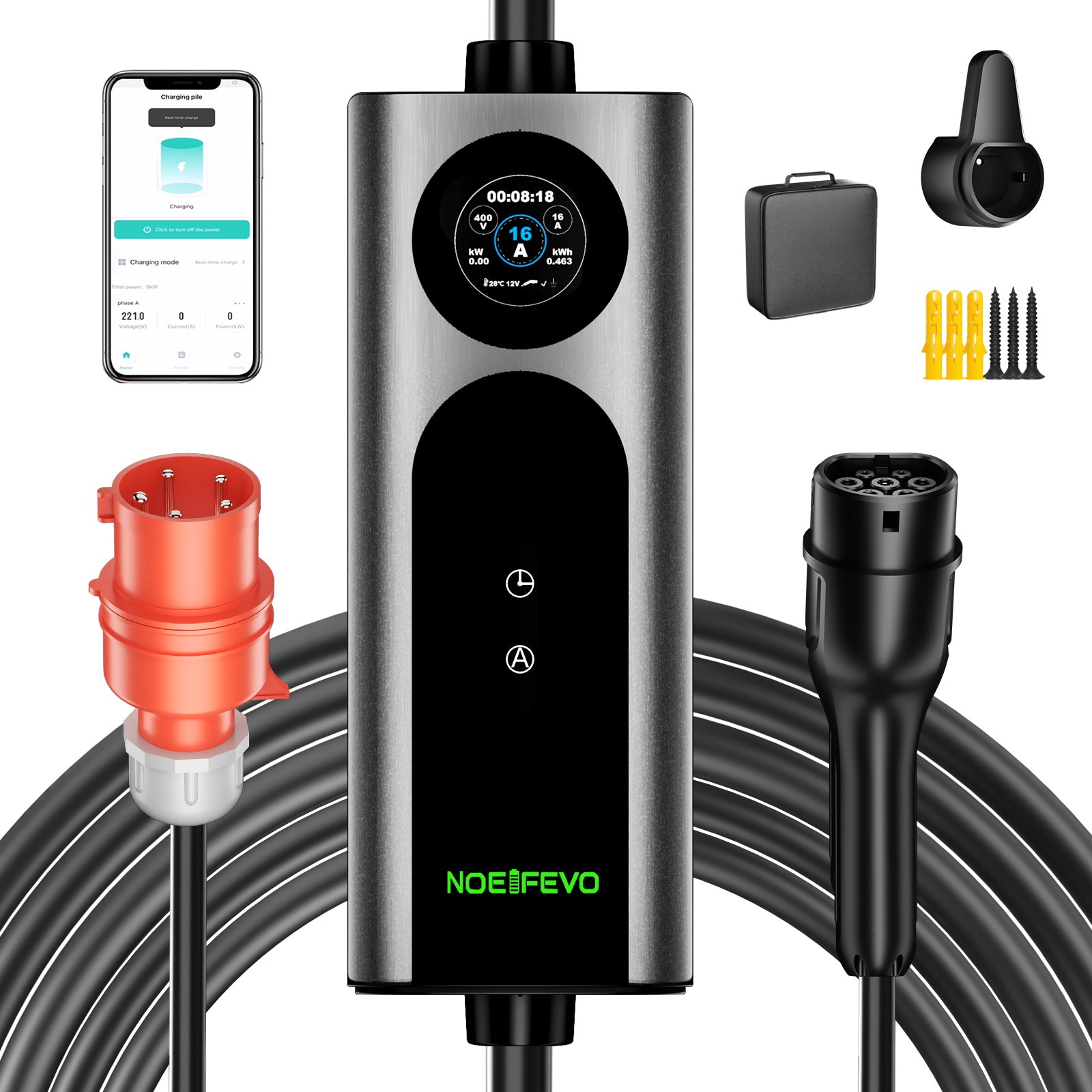 Noeifevo Wallbox EV Mobile Tipo 2, Caricatore EV 11KW 3-fasi CEE16A con Potenza di Carica Regolabile, Cavo di Carica EV da 5m/10m/15m per Model Y/3, ID.3/4/5, MG4, EX30, e-up, e-tron, Zoe e altri veicoli elettrici.
