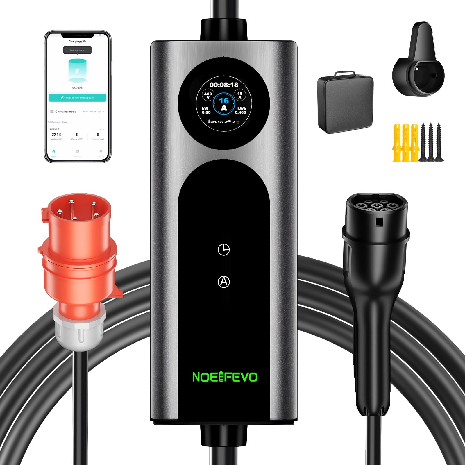 Noeifevo Wallbox EV Mobile Tipo 2, Caricatore EV 11KW 3-fasi CEE16A con Potenza di Carica Regolabile, Cavo di Carica EV da 5m/10m/15m per Model Y/3, ID.3/4/5, MG4, EX30, e-up, e-tron, Zoe e altri veicoli elettrici.
