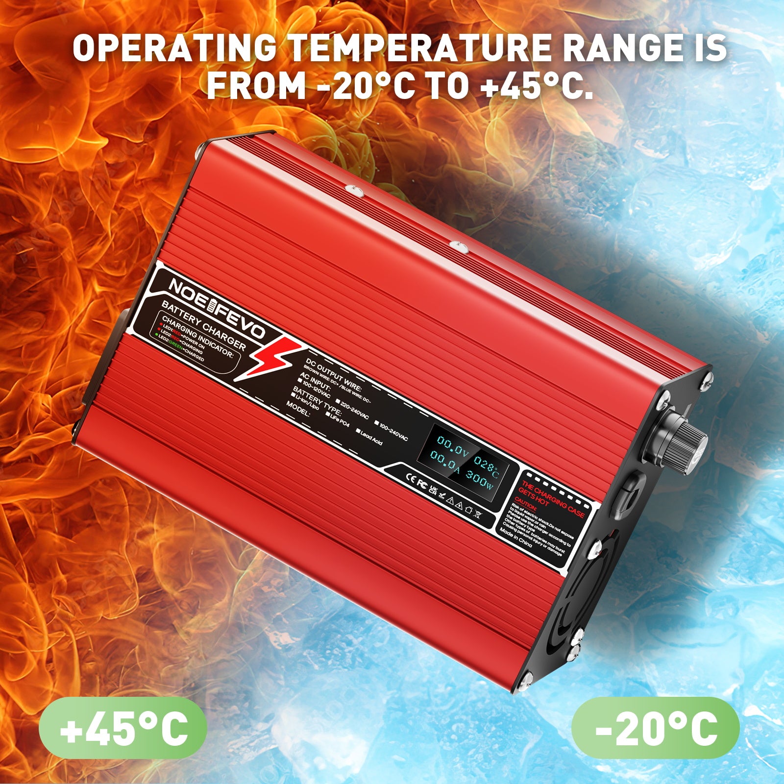 NOEIFEVO 16.8V 5A 6A 7A 8A 10A Lithium-lader til 4S 14.8V Li-Ion Lipo-batterier, Køleventilator, automatisk slukning (RØD)