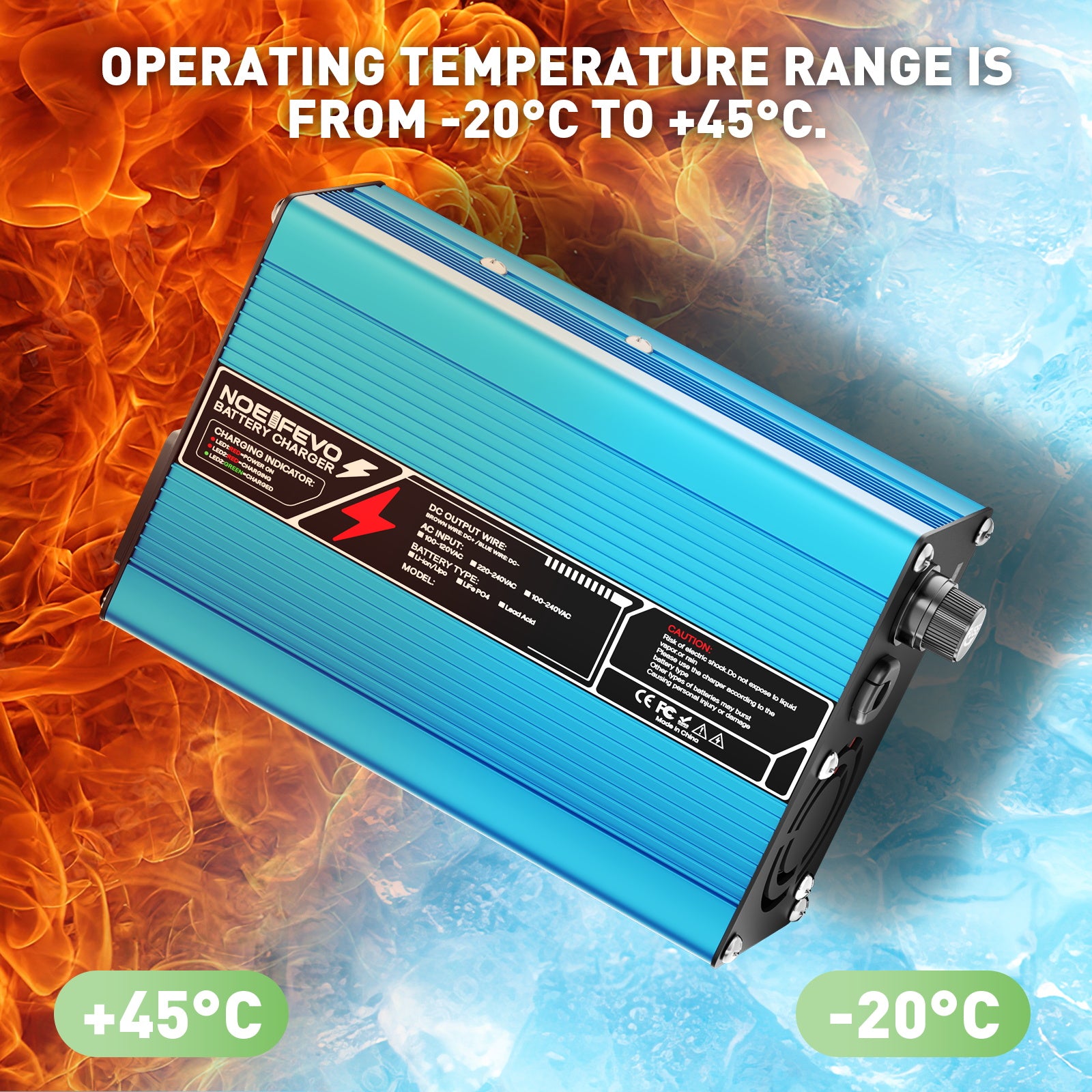 NOEIFEVO 13.8V-14.7V 8A bly-syre batterioplader til 12V bly-syre batteri, kølevifte, automatisk slukning (BLÅ)