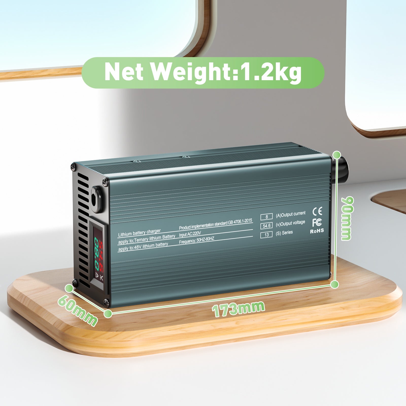 NOEIFEVO 54,6V 8A Litiumbatteriladdare för 13S 48,1V Li-Ion-batterier, Ströminställning 1-8A, långsam laddning och snabb laddning (MLC1300)