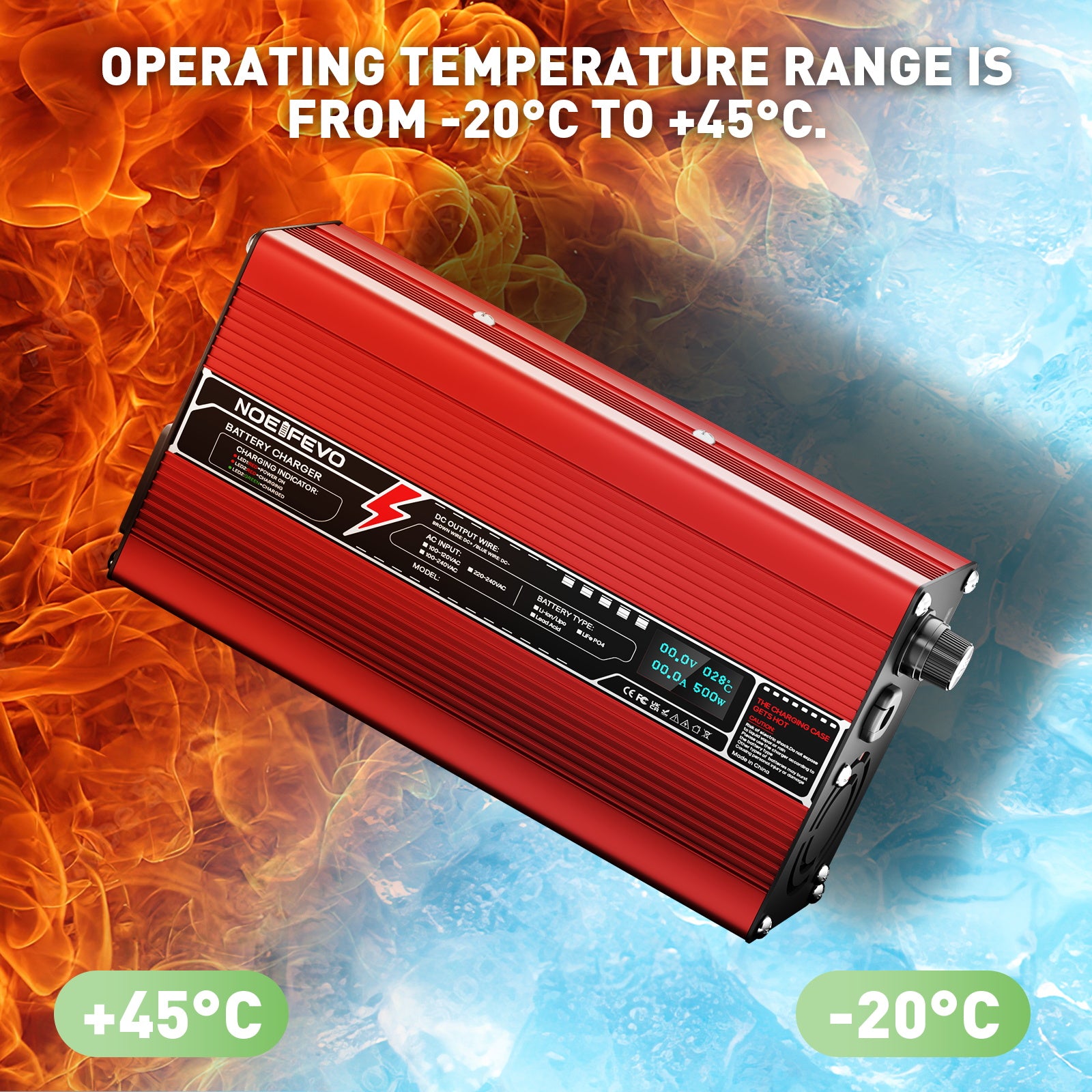 NOEIFEVO 36.5V 10A LiFePO4-batteriladdare för 32V 10S LiFePO4-batterier, automatisk avstängning, OLED-display, aluminiumhus, med fläkt