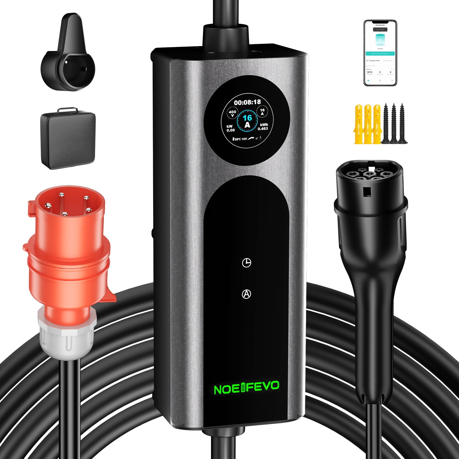 NOEIFEVO Q21W Wlan Caricabatterie per auto elettriche Wallbox mobile 11kW con telecomando APP, cavo di ricarica 5m/10m Tipo2 CEE16A 3phase 