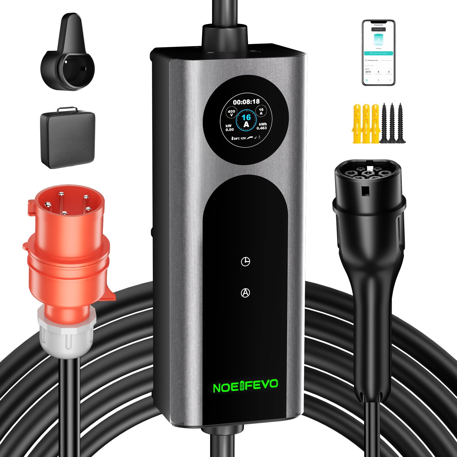 Noeifevo Wallbox EV Móvel Tipo 2, Carregador EV 11KW 3-fases CEE16A com Potência de Carga Ajustável, Cabo de Carregamento EV de 5m/10m/15m para Model Y/3, ID.3/4/5, MG4, EX30, e-up, e-tron, Zoe e outros veículos elétricos.
