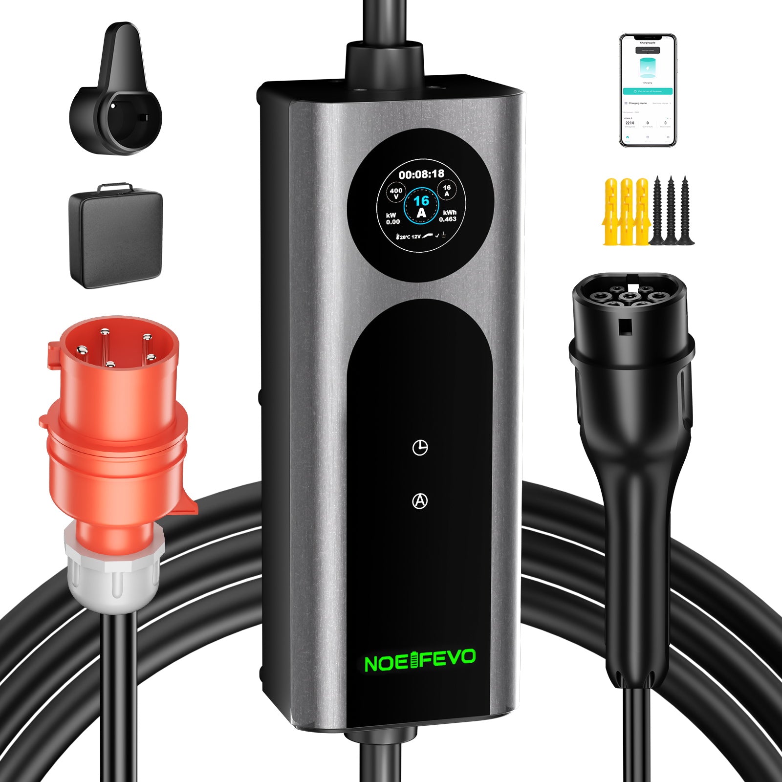 Noeifevo Wallbox EV Móvel Tipo 2, Carregador EV 11KW 3-fases CEE16A com Potência de Carga Ajustável, Cabo de Carregamento EV de 5m/10m/15m para Model Y/3, ID.3/4/5, MG4, EX30, e-up, e-tron, Zoe e outros veículos elétricos.
