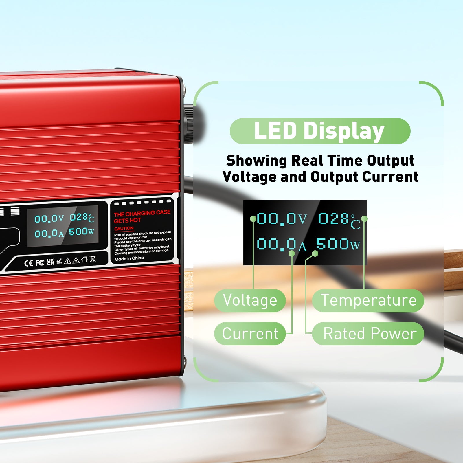 NOEIFEVO 24V 15A bly-syre-batterilader, opladningsspænding 27,6V-29,4V, automatisk slukning, OLED-display, aluminiumsgehus, med blæser.