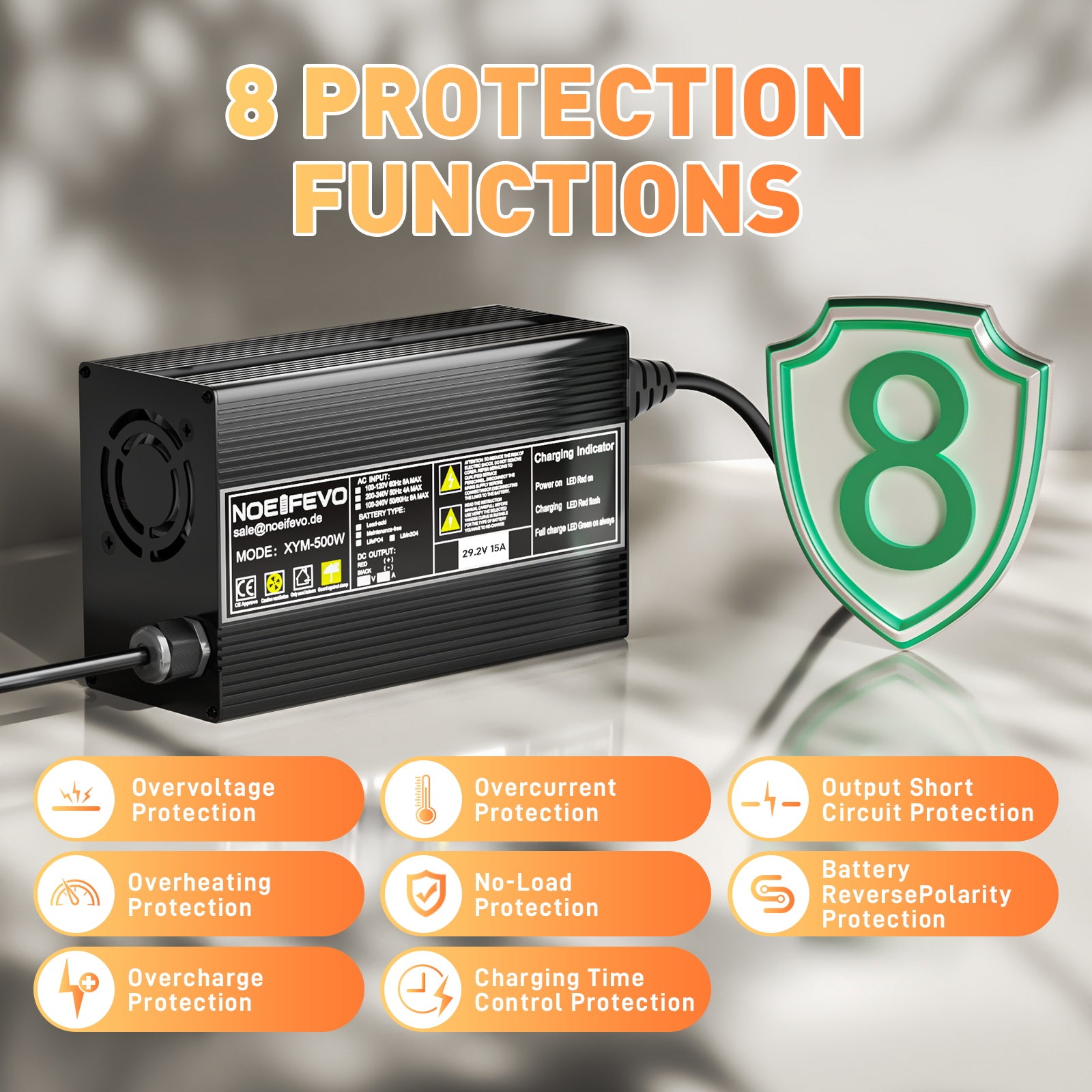 Noeifevo 29.2V 15A LiFePO4 akkulaturi 24V 25.6V litiumakulle, 0V BMS aktivointi, automaattinen sammutus täydellä suojalla
