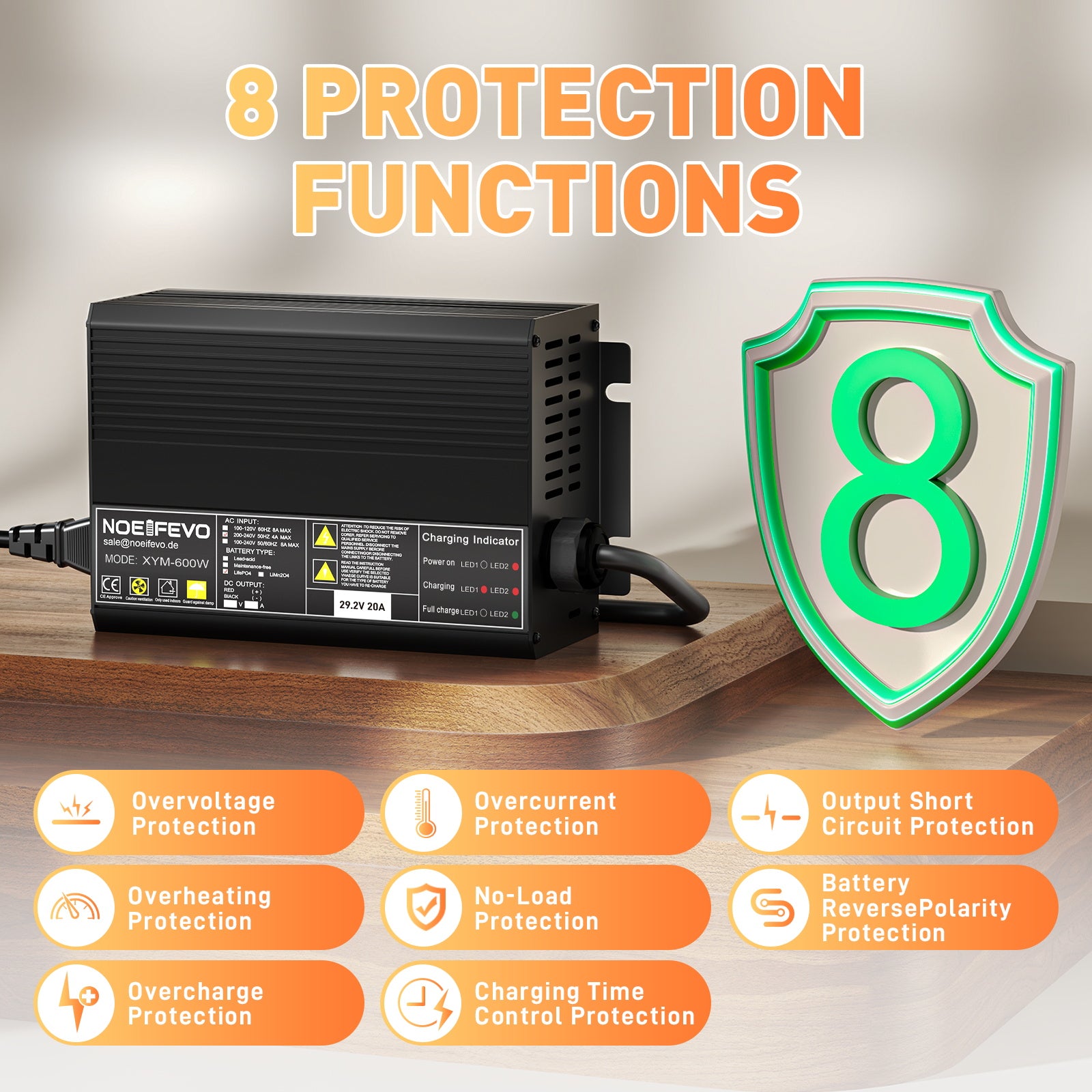 Noeifevo 29,2 V 20 A LiFePO4 akkulaturi 24 V 25,6 V litiumakulle, 0 V BMS aktivointi, automaattinen sammutus täydellä suojalla