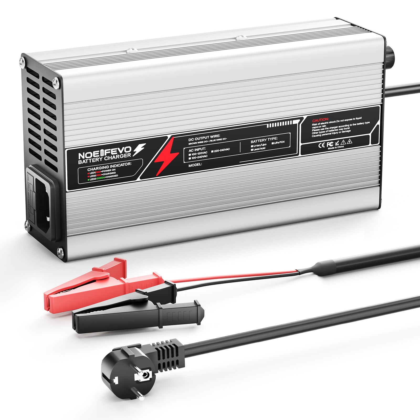 NOEIFEVO 14,6V 20A LiFePO4 Batterijlader voor 12V (12,8V) 4S-batterij, automatische uitschakeling, aluminium behuizing, met ventilator (Zilver)