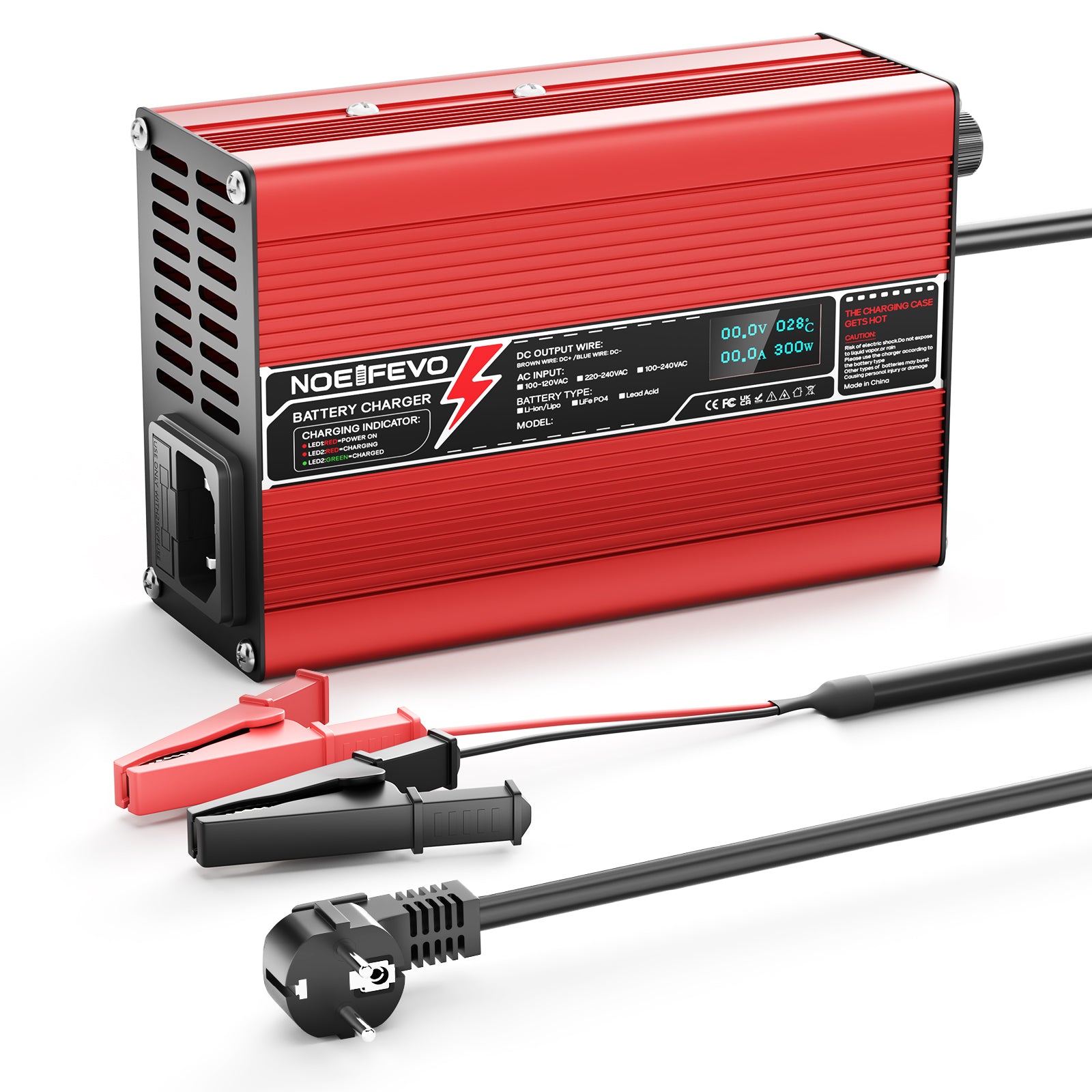 NOEIFEVO 54.6V 2A 2.5A 3A Caricabatterie al litio per batterie 13S 48.1V Li-Ion Lipo, con ventola di raffreddamento, spegnimento automatico (ROSSO)