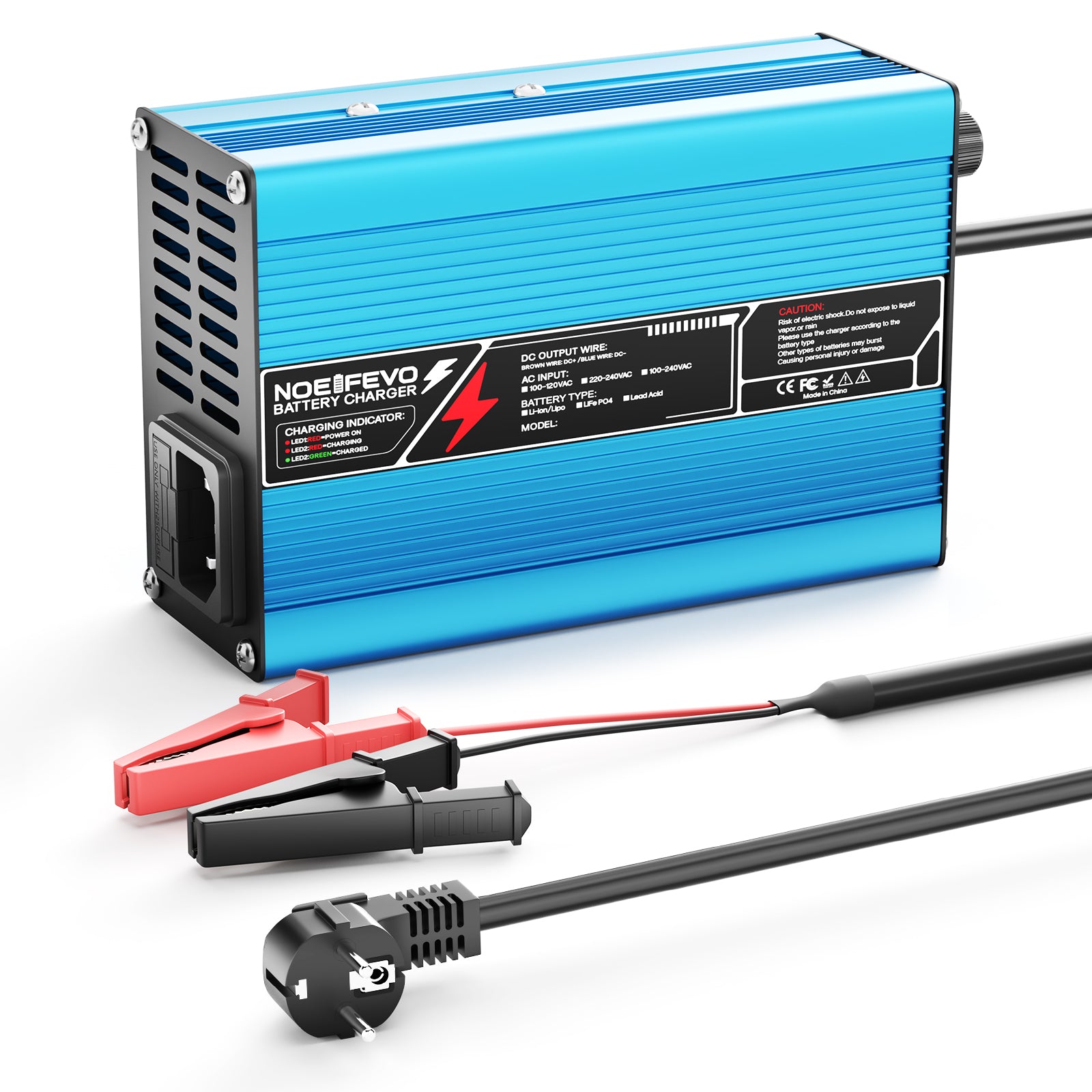 NOEIFEVO 16.8V 10A Lithium-lader til 4S 14.8V Li-Ion Lipo-batterier, køleventilator, automatisk slukning (BLÅ)