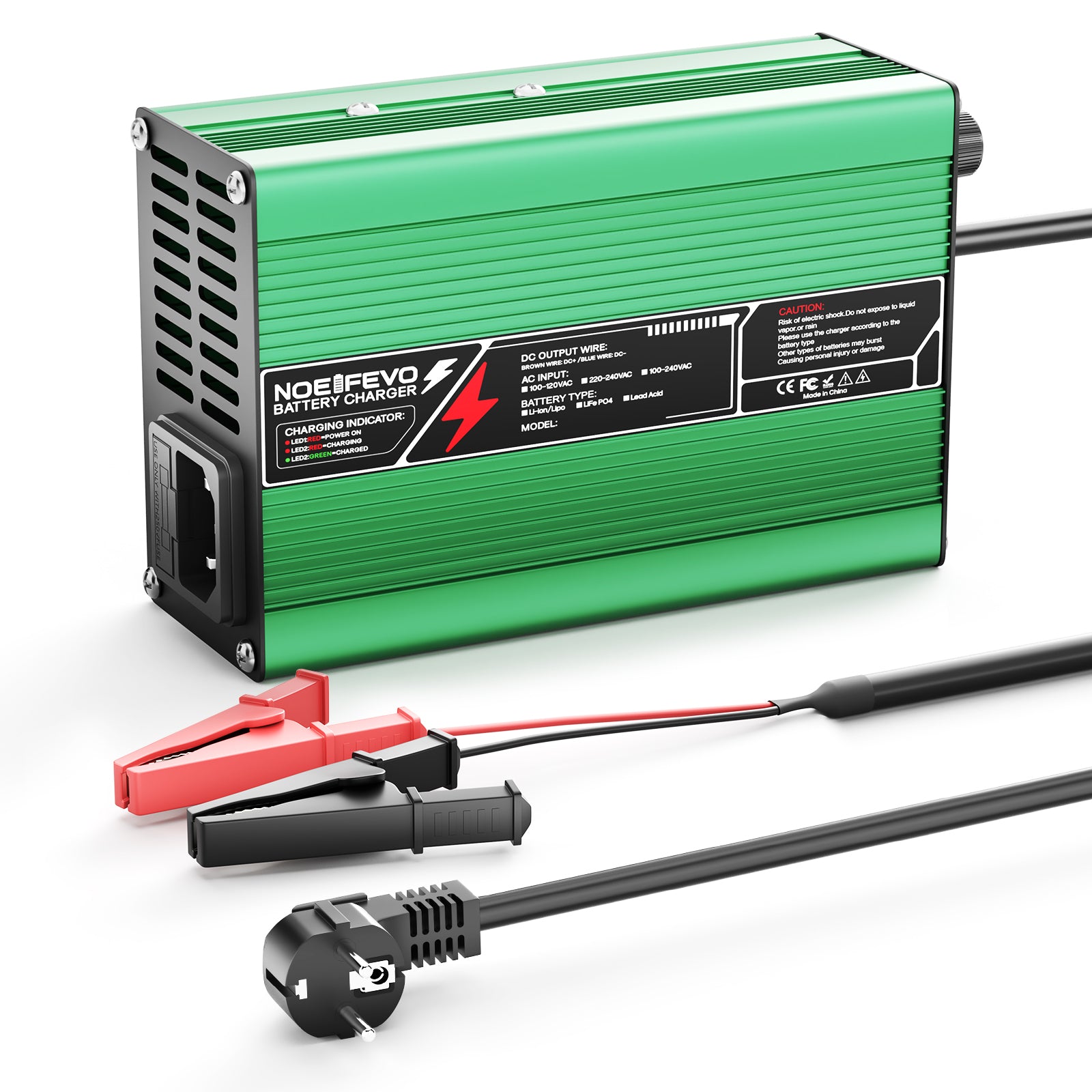 NOEIFEVO 37.8V  2A 3A 3.5A 4A מטען ליתיום עבור סוללות 9S 33.3V Li-Ion Lipo, מאוורר קירור, כיבוי אוטומטי (ירוק).
