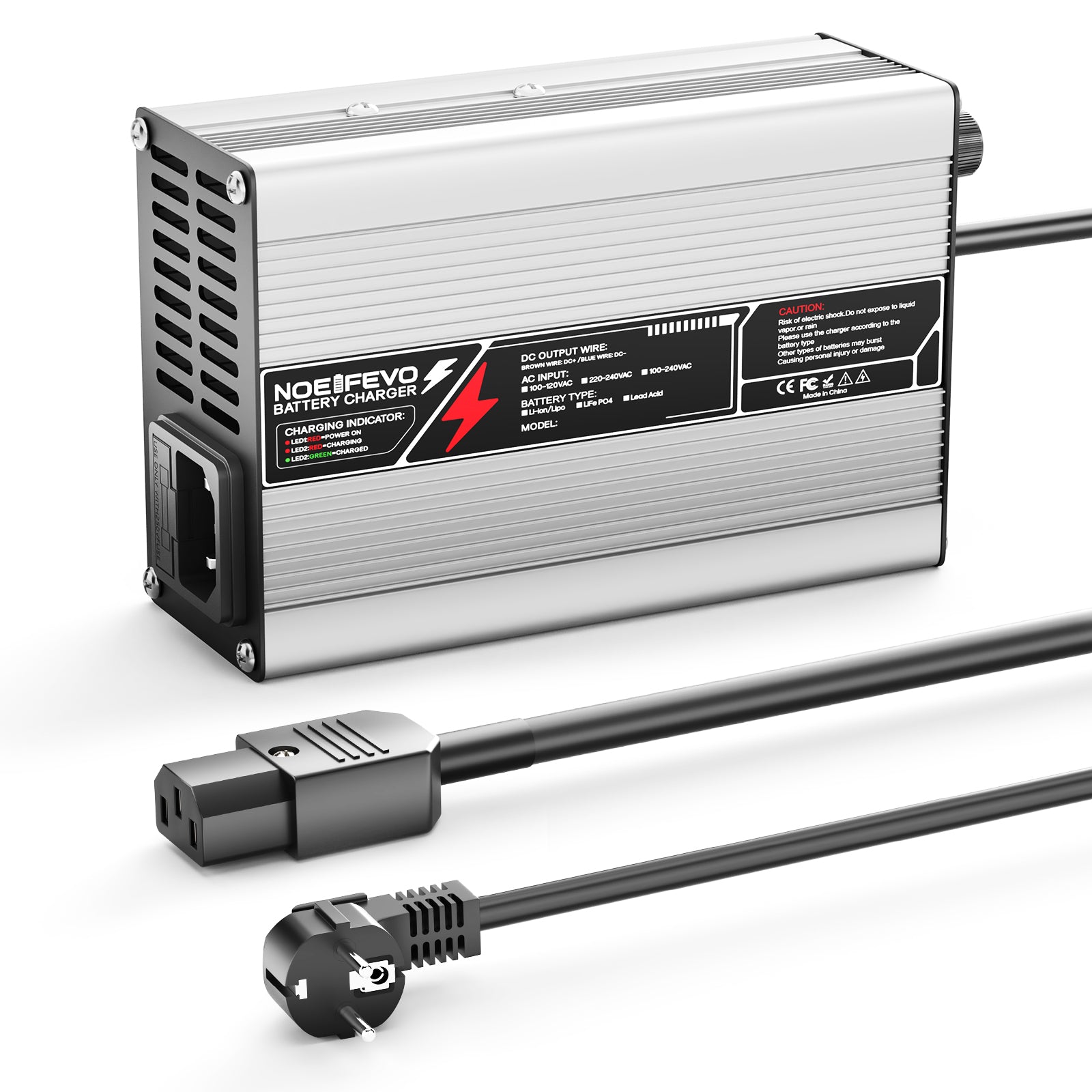 NOEIFEVO Carregador de Bateria de Lítio 33.6V 2A 3A 4A 5A para Baterias Li-Ion Lipo 8S 29.6V, com Ventilador de Refrigeração e Desligamento Automático