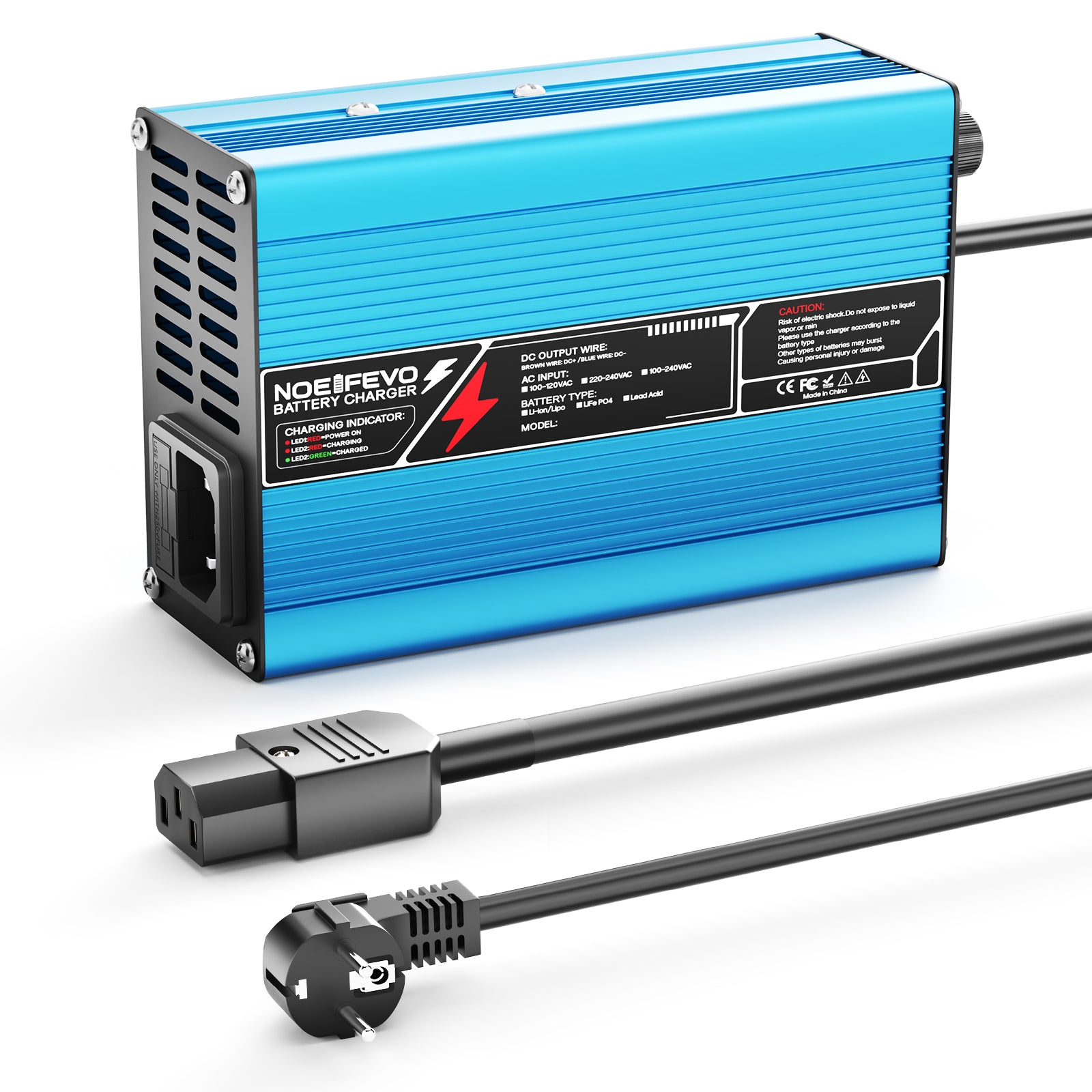 NOEIFEVO 16.8V 10A Lithium-lader til 4S 14.8V Li-Ion Lipo-batterier, køleventilator, automatisk slukning (BLÅ)