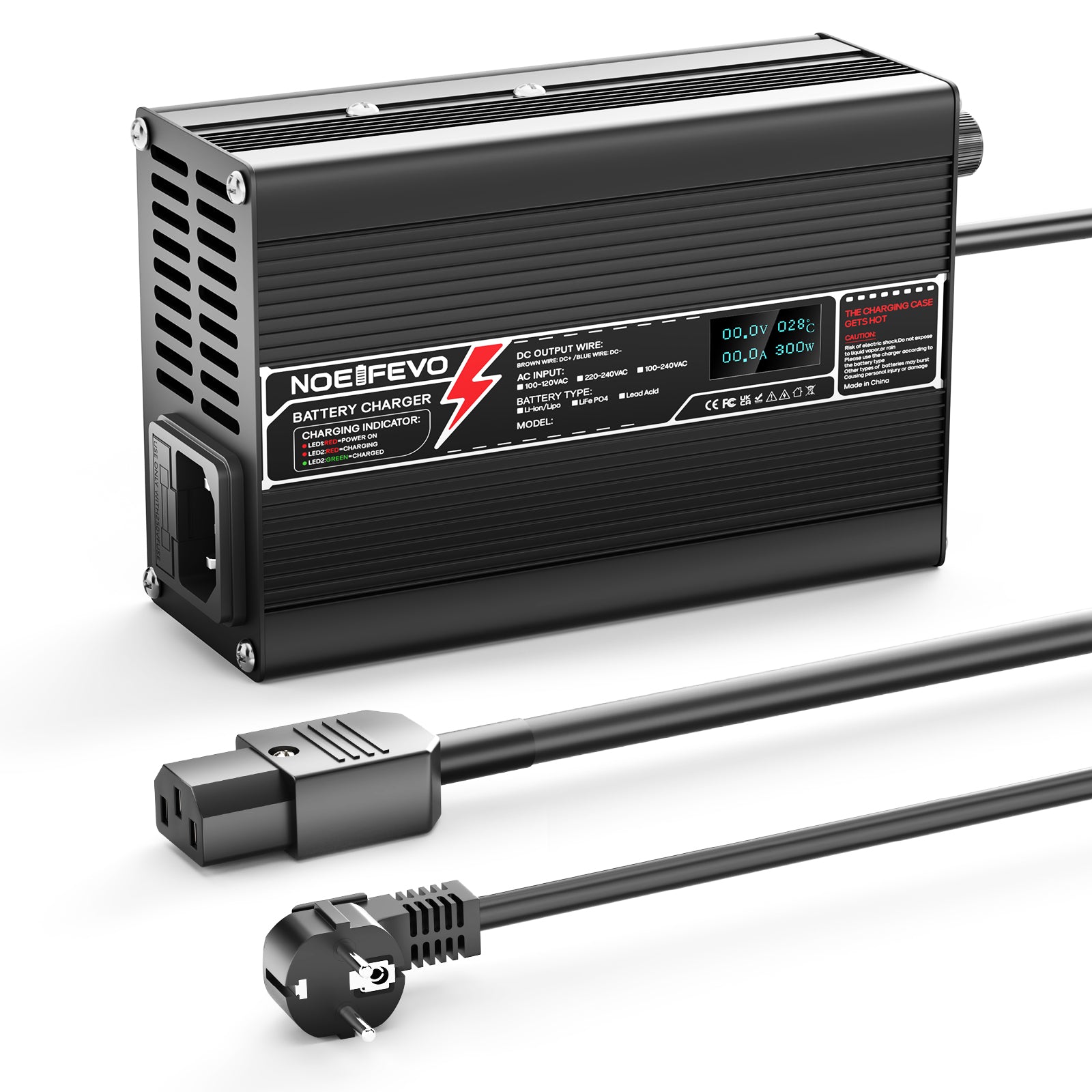 מטען ליתיום NOEIFEVO 37.8V 2A עבור סוללות Li-Ion Lipo 9S 33.3V, עם תצוגת LCD, מאוורר קירור, כיבוי אוטומט