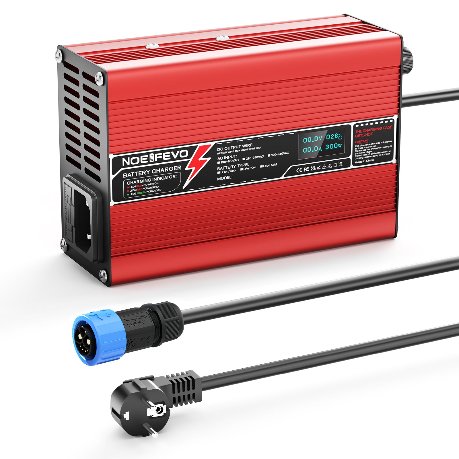 NOEIFEVO 58.8V 2A 2.5A 3A Caricabatterie al litio per batterie 14S 51.8V Li-Ion Lipo, con display LCD, ventola di raffreddamento, spegnimento automatico (ROSSO)