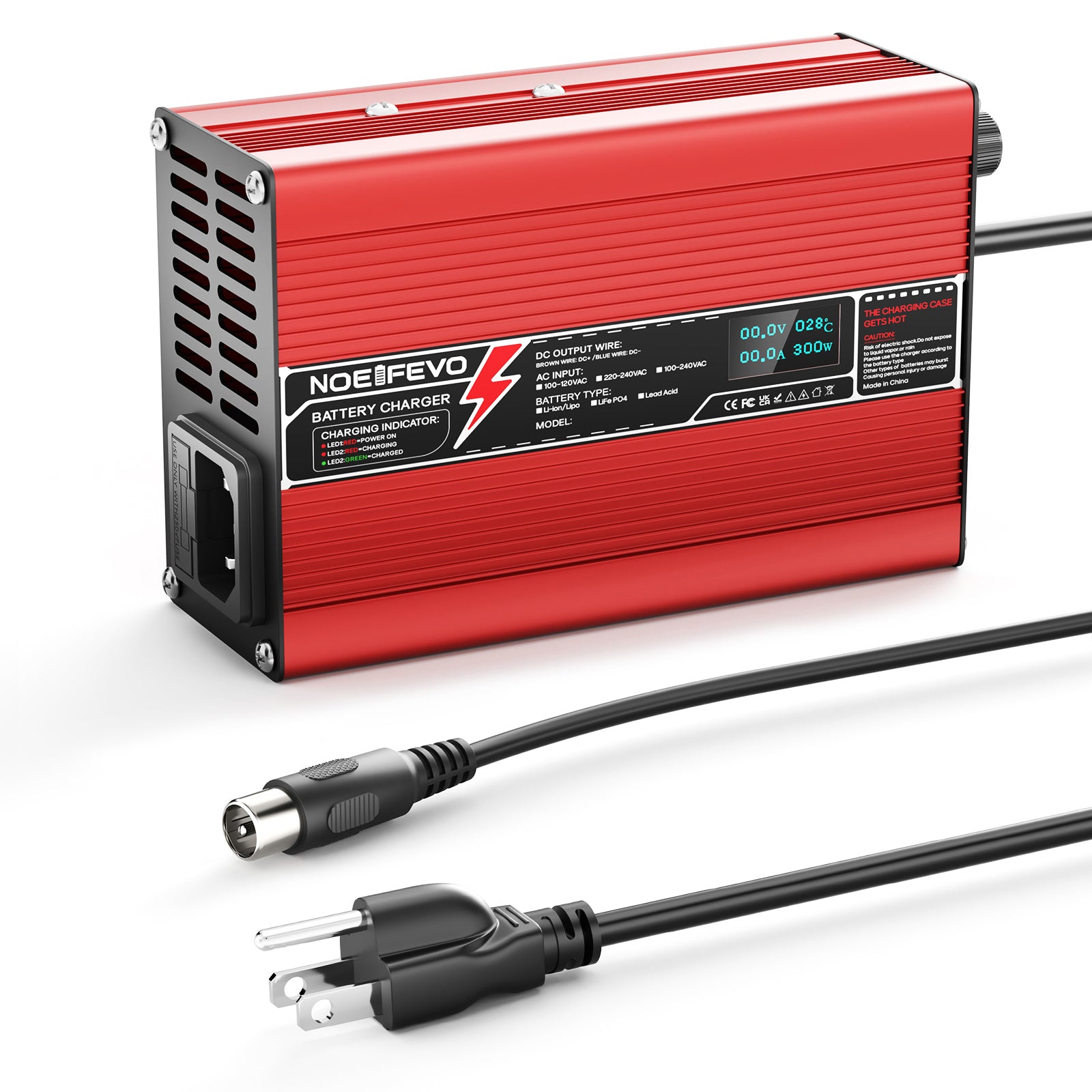 NOEIFEVO 54.6V 2A 2.5A 3A litiumladdare för 13S 48.1V Li-Ion Lipo-batterier, kylfläkt, automatisk avstängning(RED)