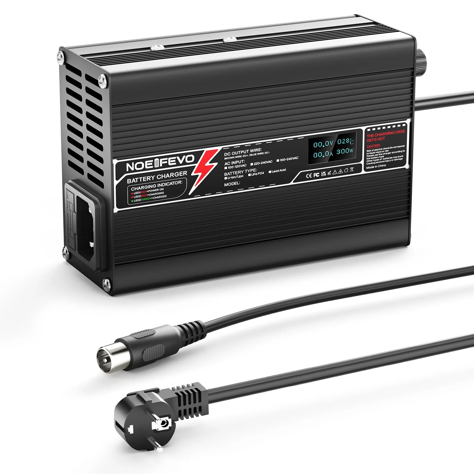 מטען ליתיום NOEIFEVO 54.6V 3A עבור סוללות 13S 48.1V Li-Ion Lipo, עם תצוגת LCD, מאוורר קירור, כיבוי אוטומטי