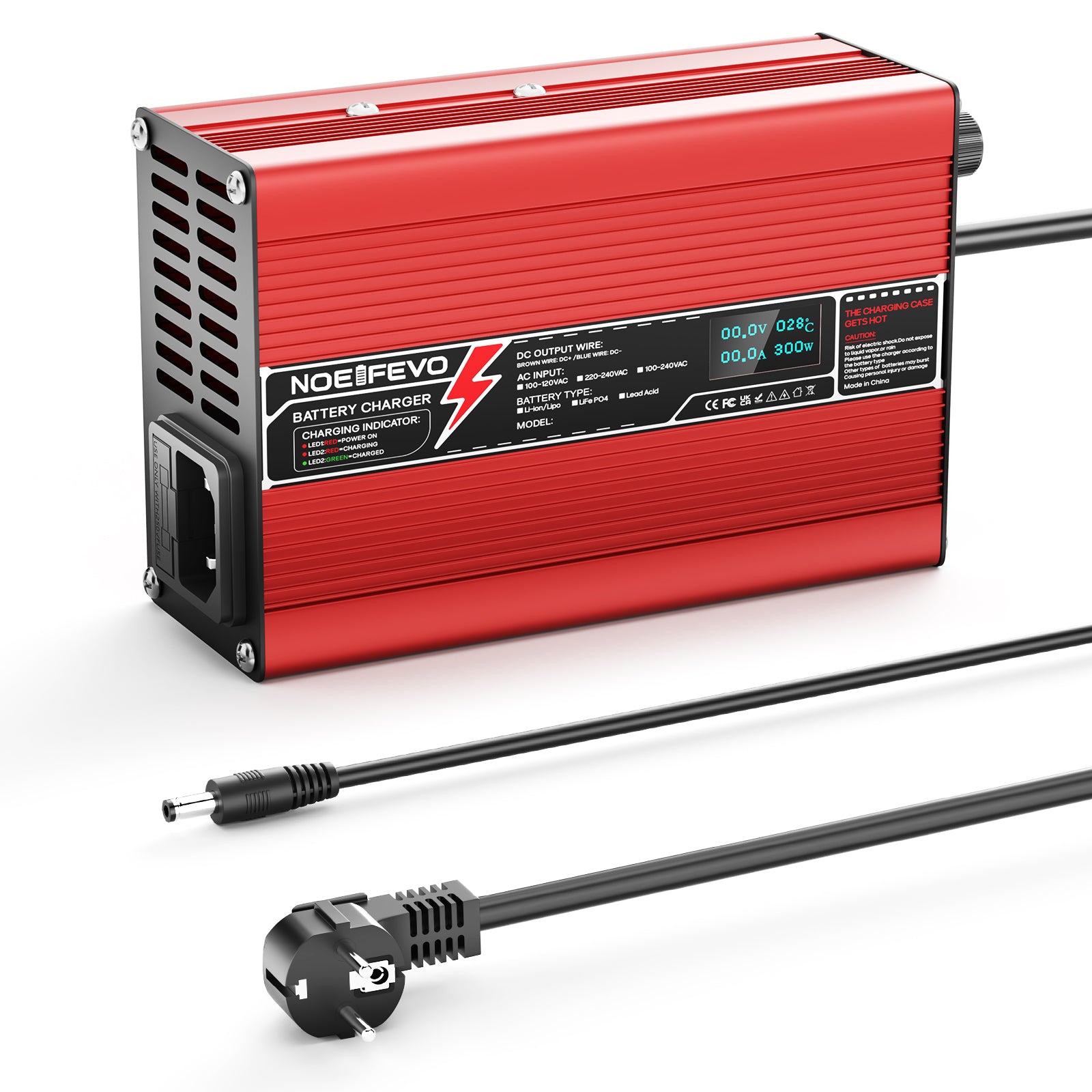 NOEIFEVO 54.6V 2A 2.5A 3A Carregador de Bateria de Lítio para Baterias 13S 48.1V Li-Ion Lipo, Ventilador de Resfriamento, Desligamento Automático (Vermelho)