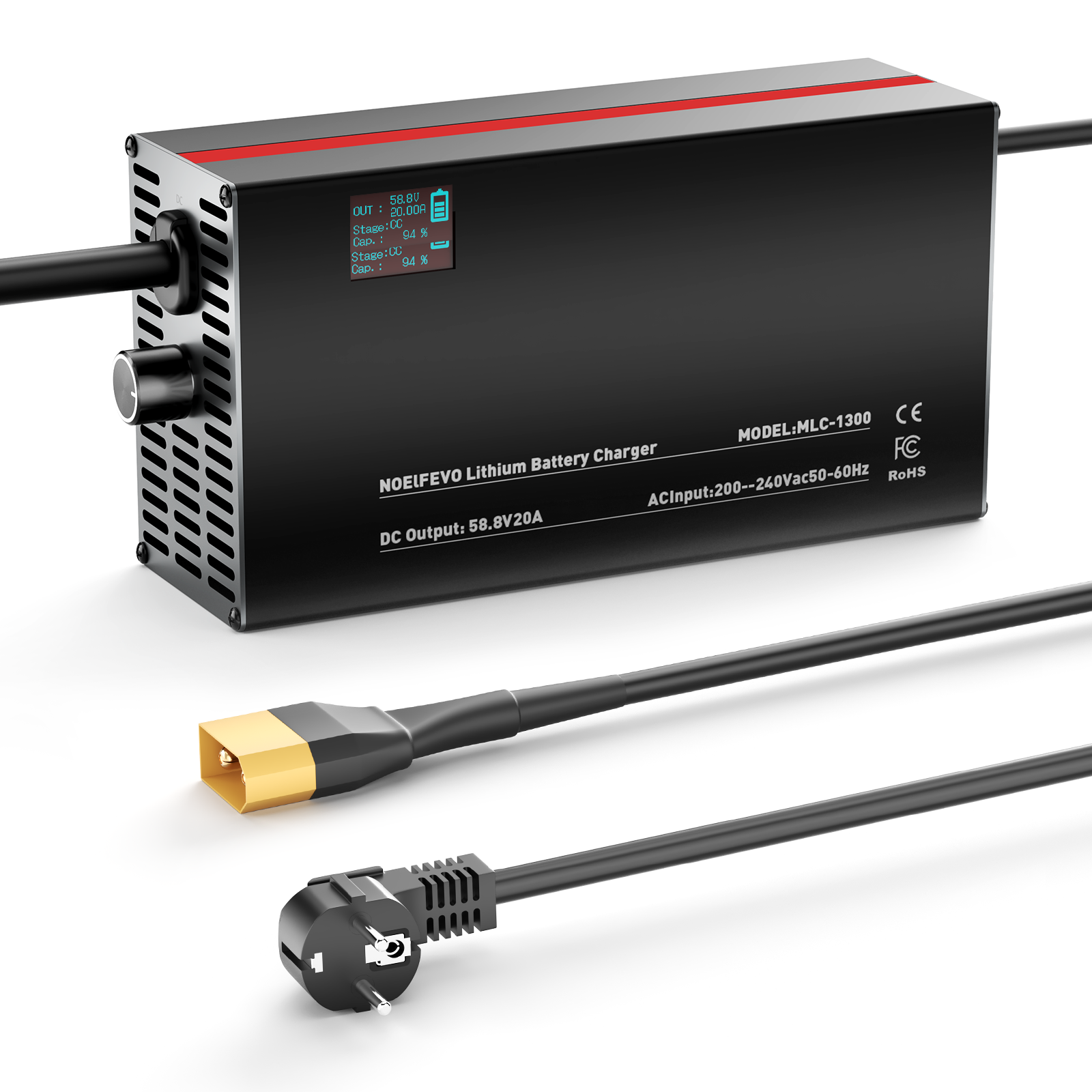 NOEIFEVO 58,8V 2-20A Cargador de batería de litio para baterías de 51,8V 52V 14S Li-Ion Lipo, pantalla LCD, corriente ajustable, cargador para E-Bike, scooter, motocicleta eléctrica