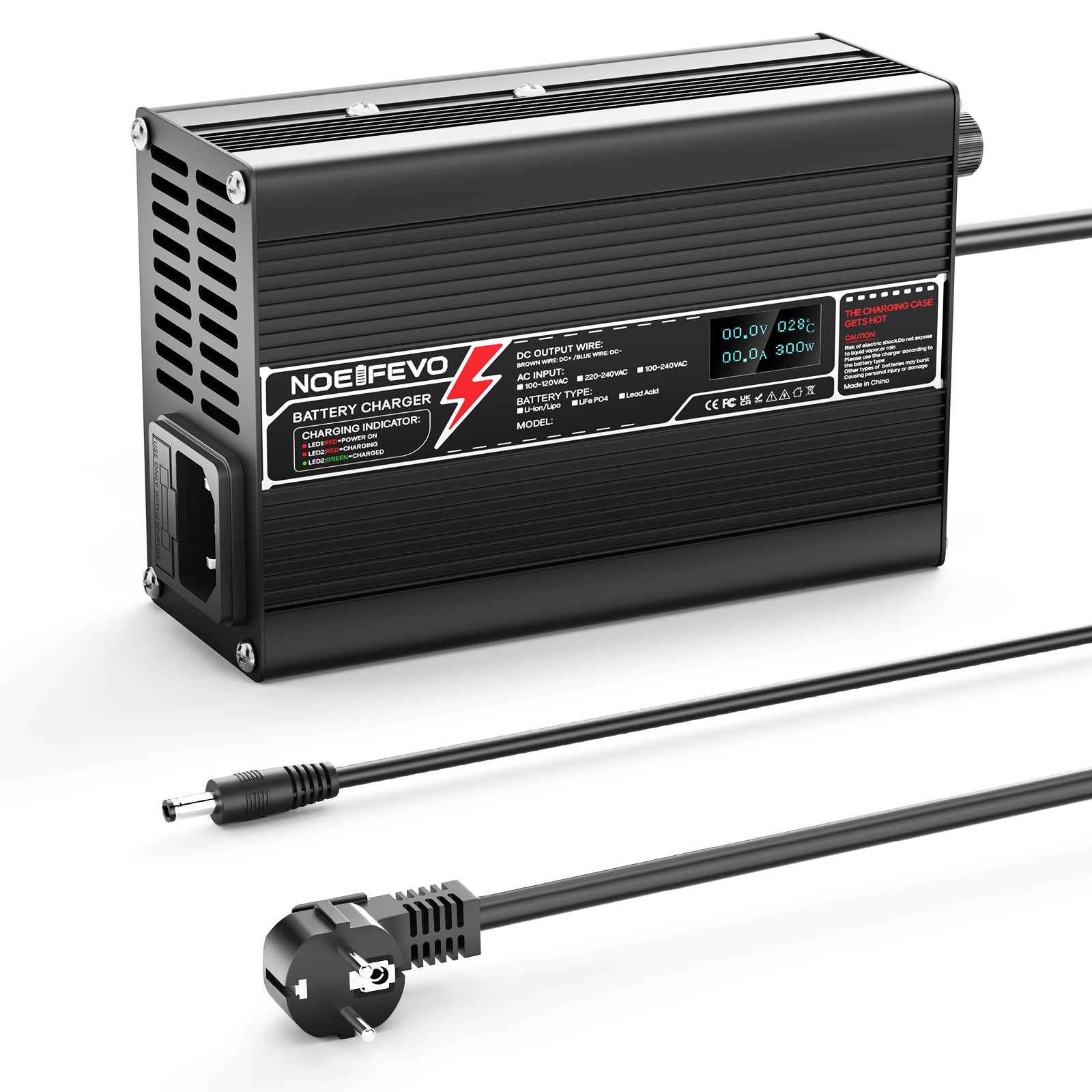 NOEIFEVO 50.4V 3A Lithium-lader til 12S 44.4V Li-Ion Lipo-batterier, med LCD-display, køleventilator, automatisk slukning