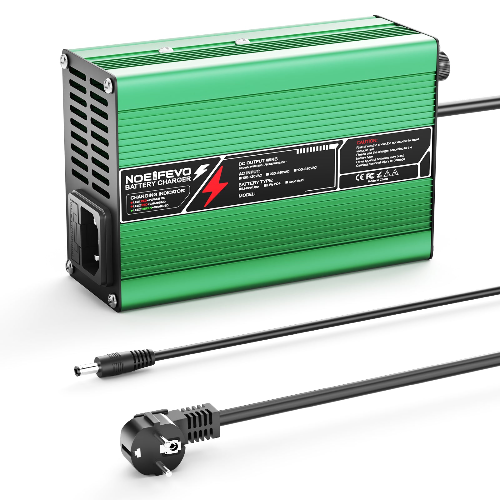 NOEIFEVO 37.8V  2A 3A 3.5A 4A מטען ליתיום עבור סוללות 9S 33.3V Li-Ion Lipo, מאוורר קירור, כיבוי אוטומטי (ירוק).
