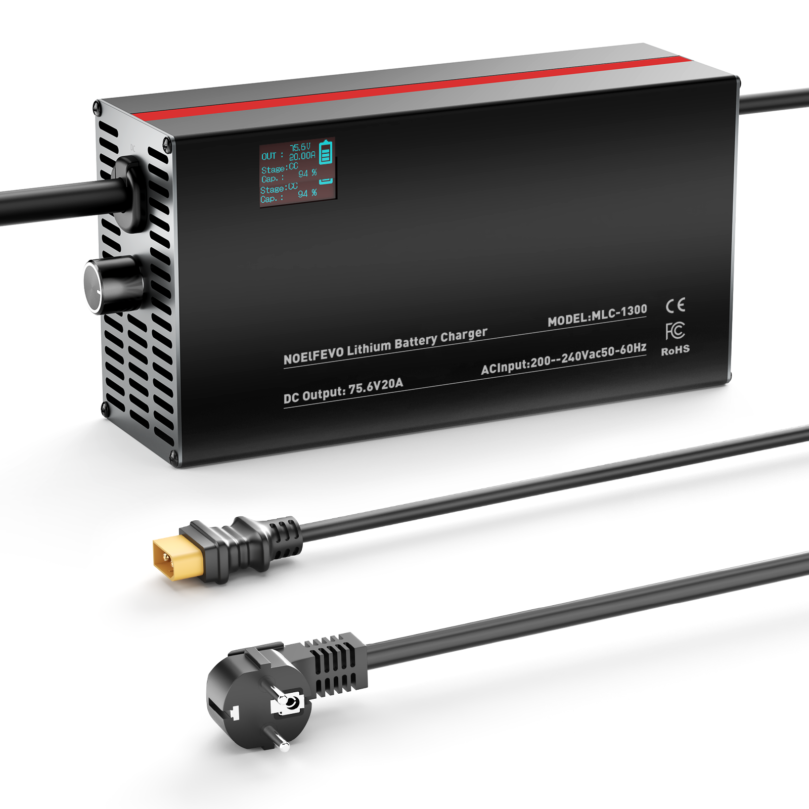 NOEIFEVO 75.6V 2-20A Litiumbatteriladdare för 66.6V 18S Litium-Li-Ion-Lipo-batteri, LCD-display, justerbar ström, laddare för elcykel, scooter, elektrisk motorcykel