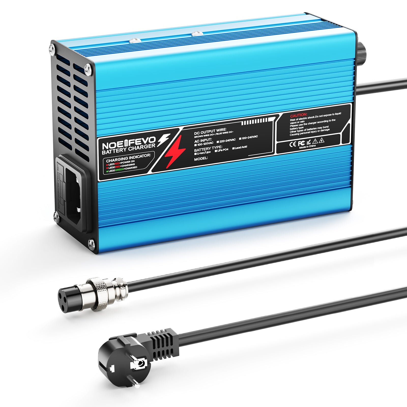 NOEIFEVO 16.8V 10A Caricabatterie al Litio per batterie Li-Ion Lipo 4S 14.8V, Ventola di raffreddamento, spegnimento automatico (BLU)