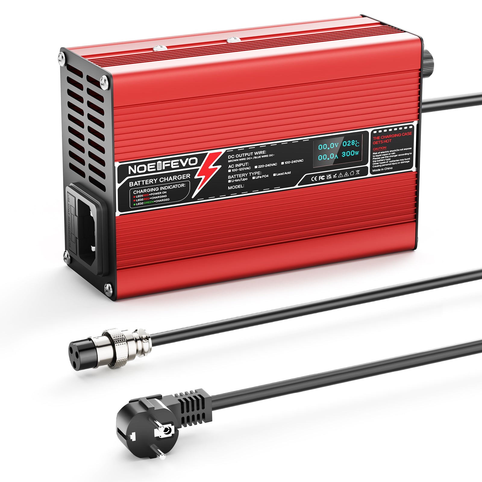 NOEIFEVO 54.6V 2A 2.5A 3A Lithium-Ladegerät für 13S 48.1V Li-Ion Lipo-Batterien, Kühlventilator, automatischer Abschaltung(RED)