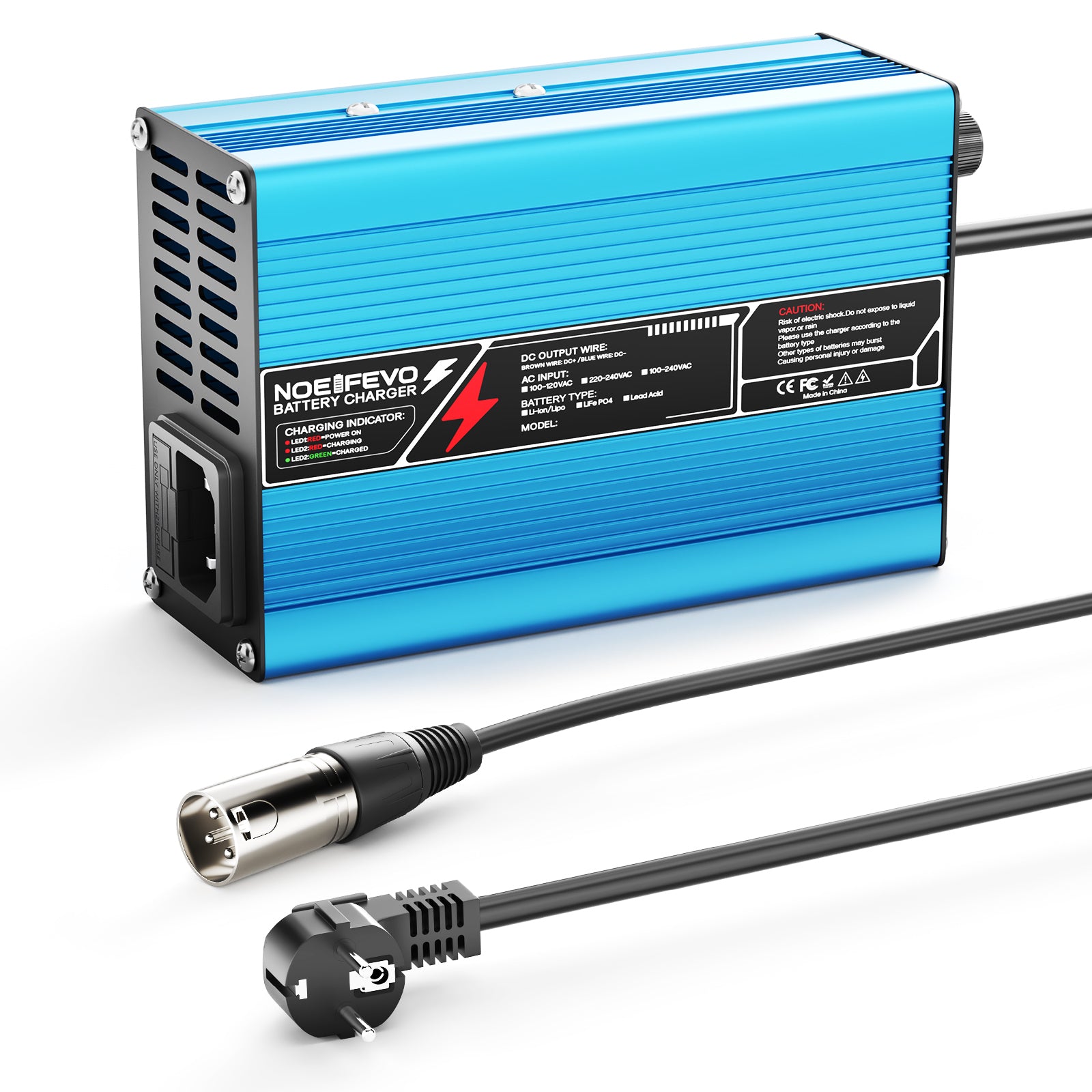 NOEIFEVO 16.8V 10A Caricabatterie al Litio per batterie Li-Ion Lipo 4S 14.8V, Ventola di raffreddamento, spegnimento automatico (BLU)