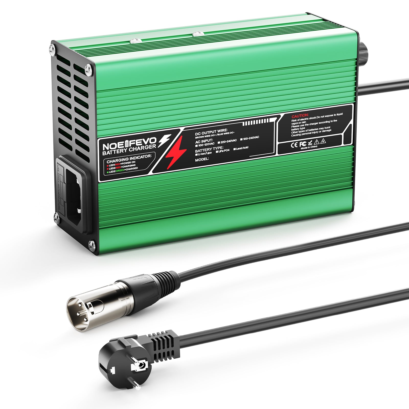 NOEIFEVO 37.8V  2A 3A 3.5A 4A מטען ליתיום עבור סוללות 9S 33.3V Li-Ion Lipo, מאוורר קירור, כיבוי אוטומטי (ירוק).
