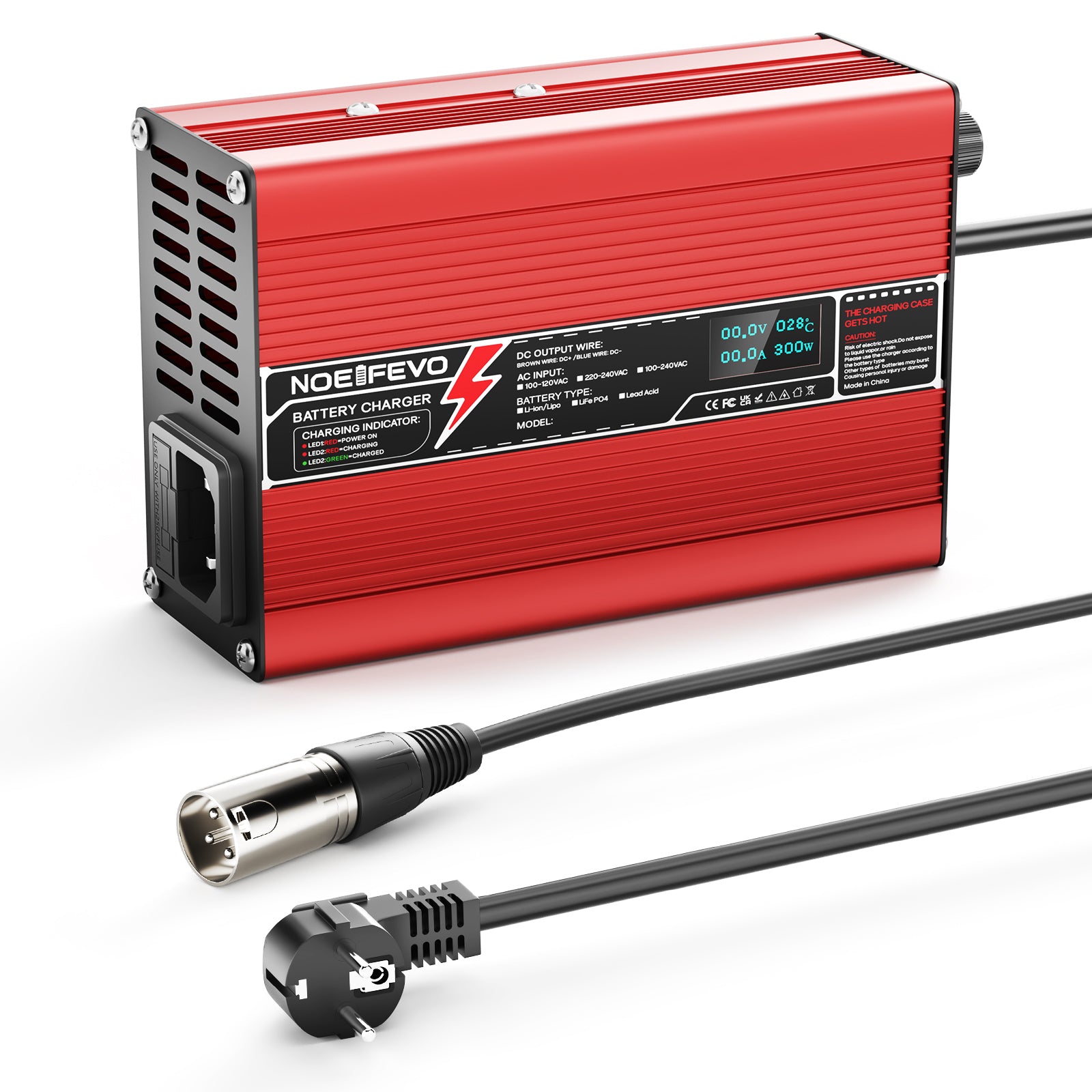 NOEIFEVO 54.6V 2A 2.5A 3A Lithium-Ladegerät für 13S 48.1V Li-Ion Lipo-Batterien, Kühlventilator, automatischer Abschaltung(RED)