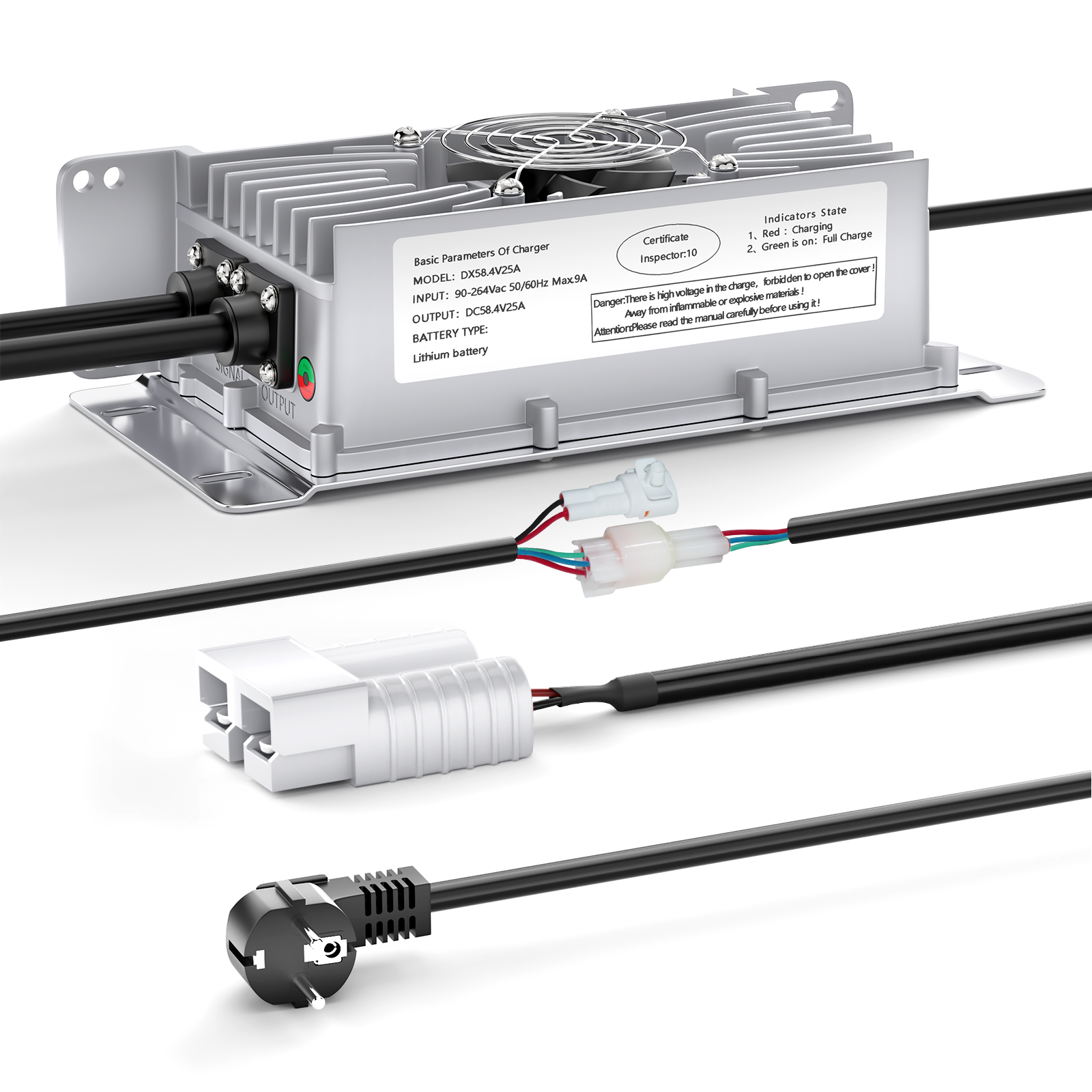 NOEIFEVO 48V 25A Lithium-Lifepo4 Batterioplader, 58,4V opladningsspænding for 48V (51,2V) 16S batteri, vandtæt, 0V BMS-aktivering, med låsekabel til elektriske køretøjer, e-cykler og golfvogne