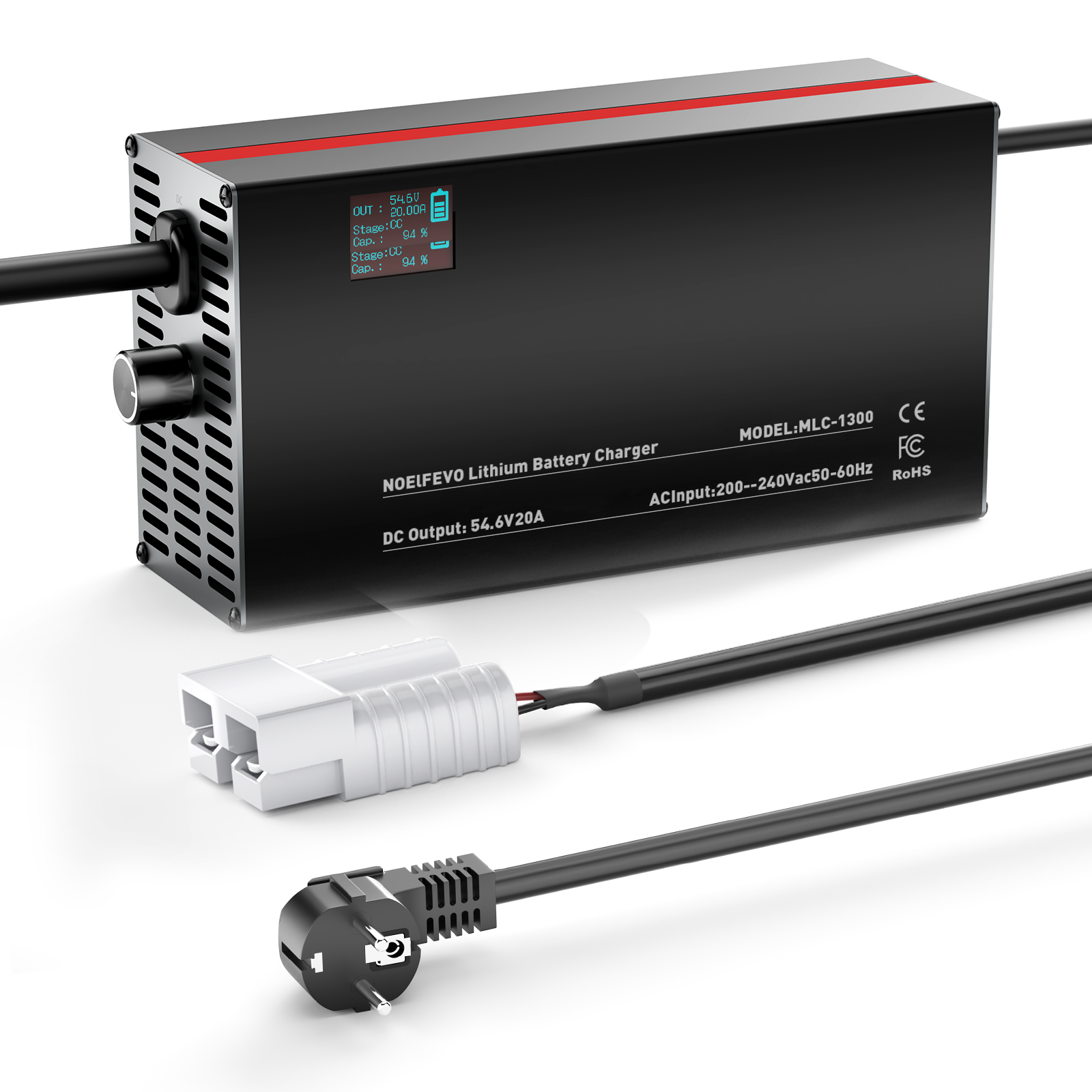 NOEIFEVO 54,6V 2-20A carregador de bateria de lítio para bateria de lítio 48V 13S Li-Ion-Lipo, com display LCD, corrente ajustável, carregador para e-bike, scooter, moto elétrica