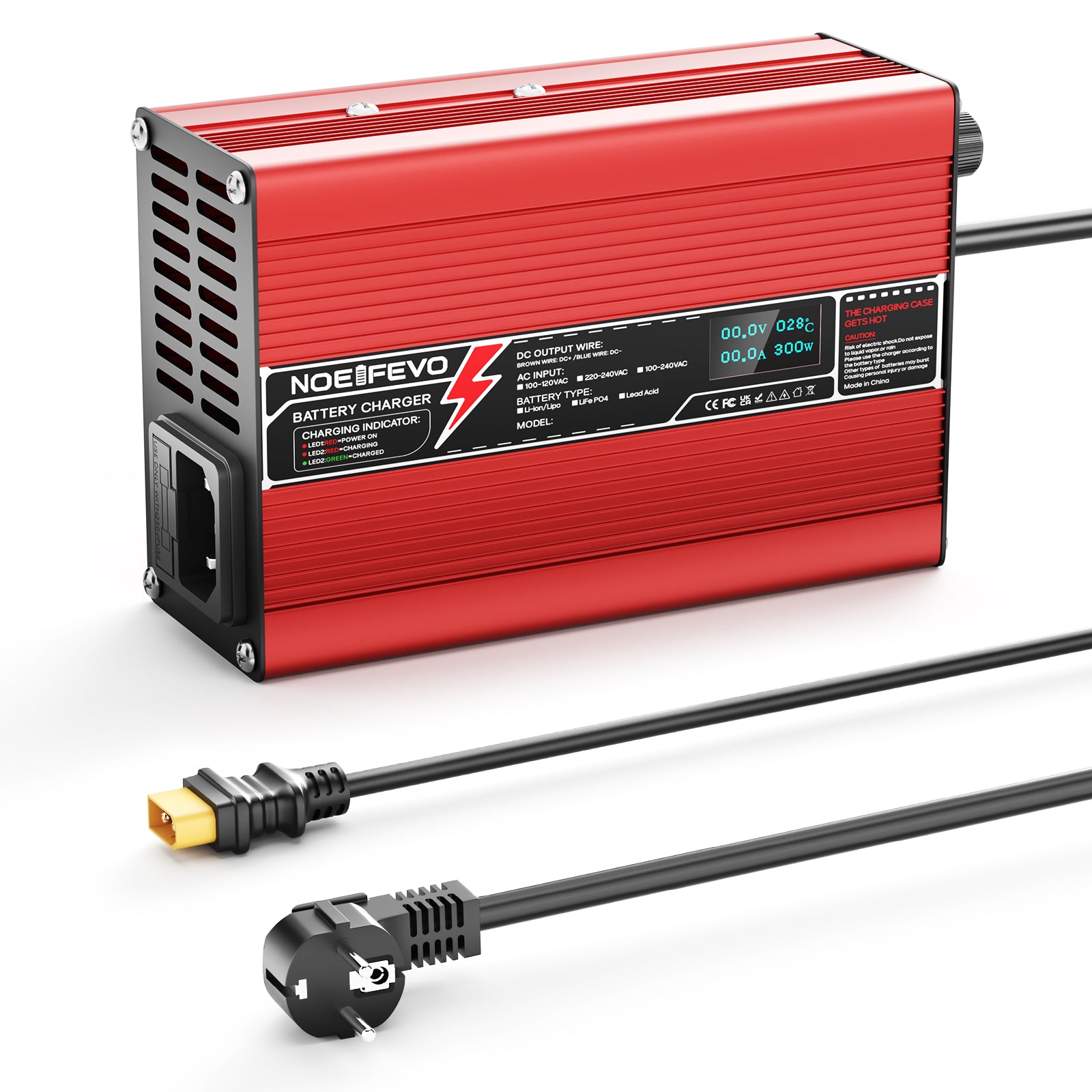 NOEIFEVO 54.6V 2A 2.5A 3A Carregador de Bateria de Lítio para Baterias 13S 48.1V Li-Ion Lipo, Ventilador de Resfriamento, Desligamento Automático (Vermelho)